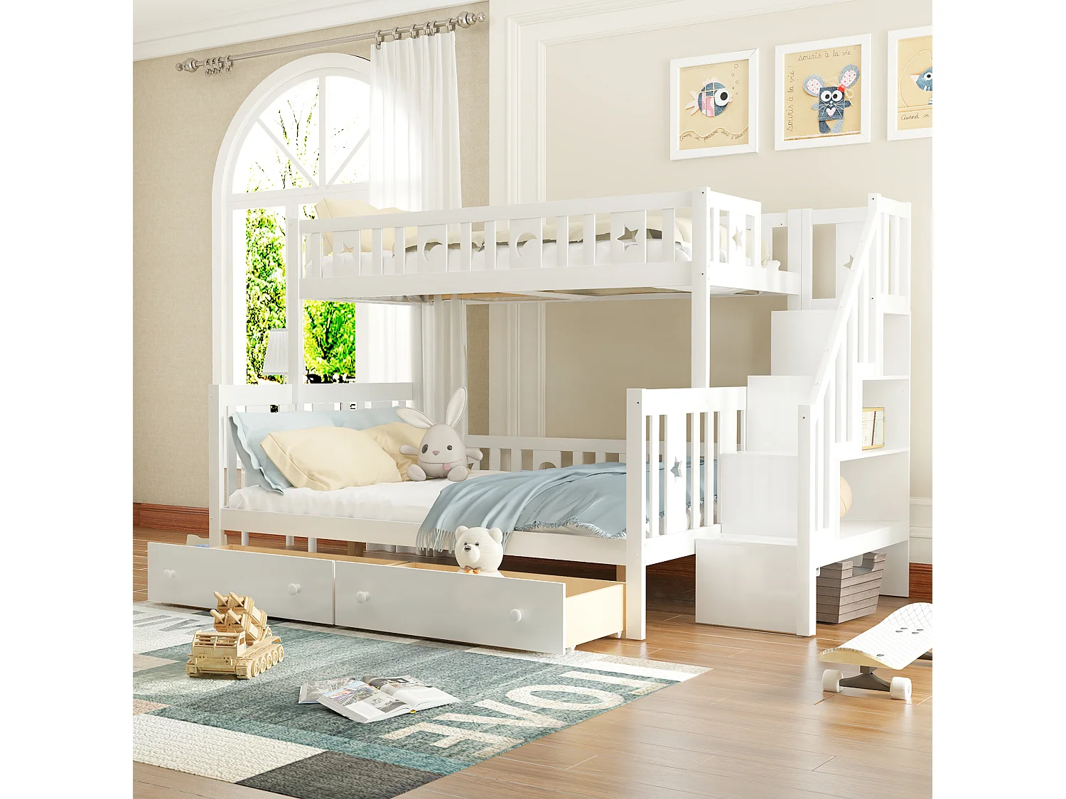 Lit superposé enfant 90x200 cm + 140x200 cm avec deux grands tiroirs et sommier à lattes - blanc