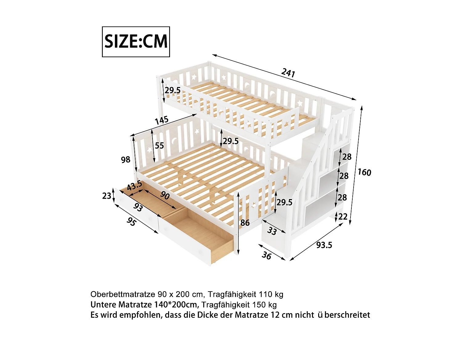 Lit superposé enfant 90x200 cm + 140x200 cm avec deux grands tiroirs et sommier à lattes - blanc