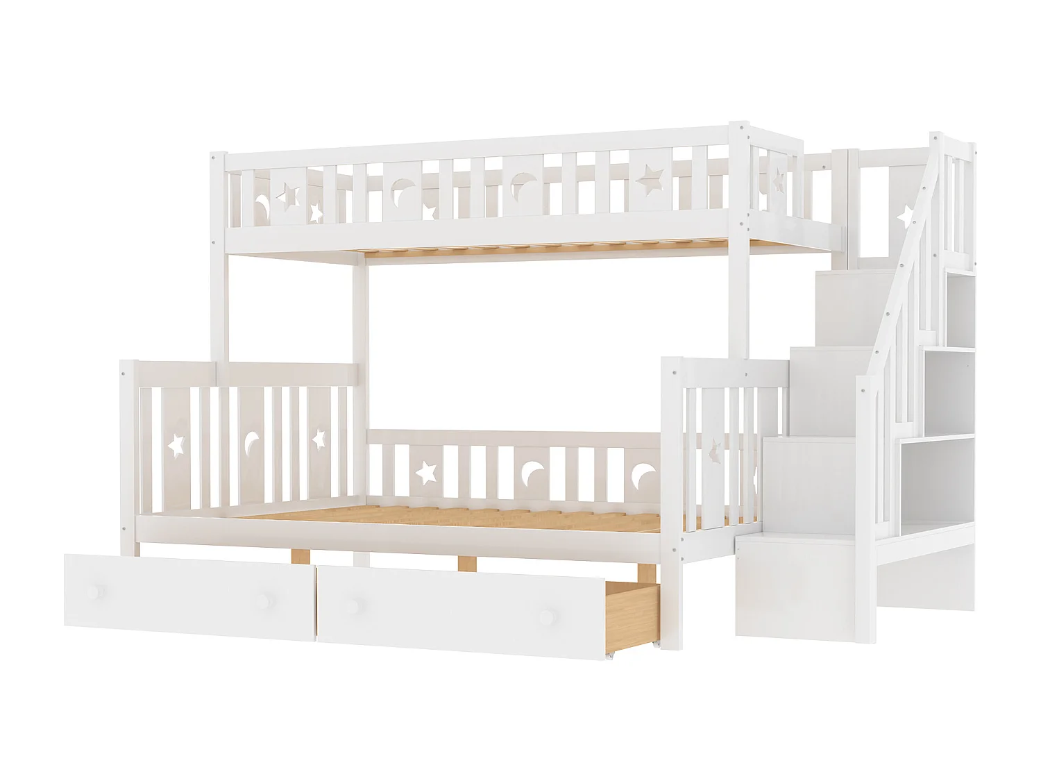 Lit superposé enfant 90x200 cm + 140x200 cm avec deux grands tiroirs et sommier à lattes - blanc