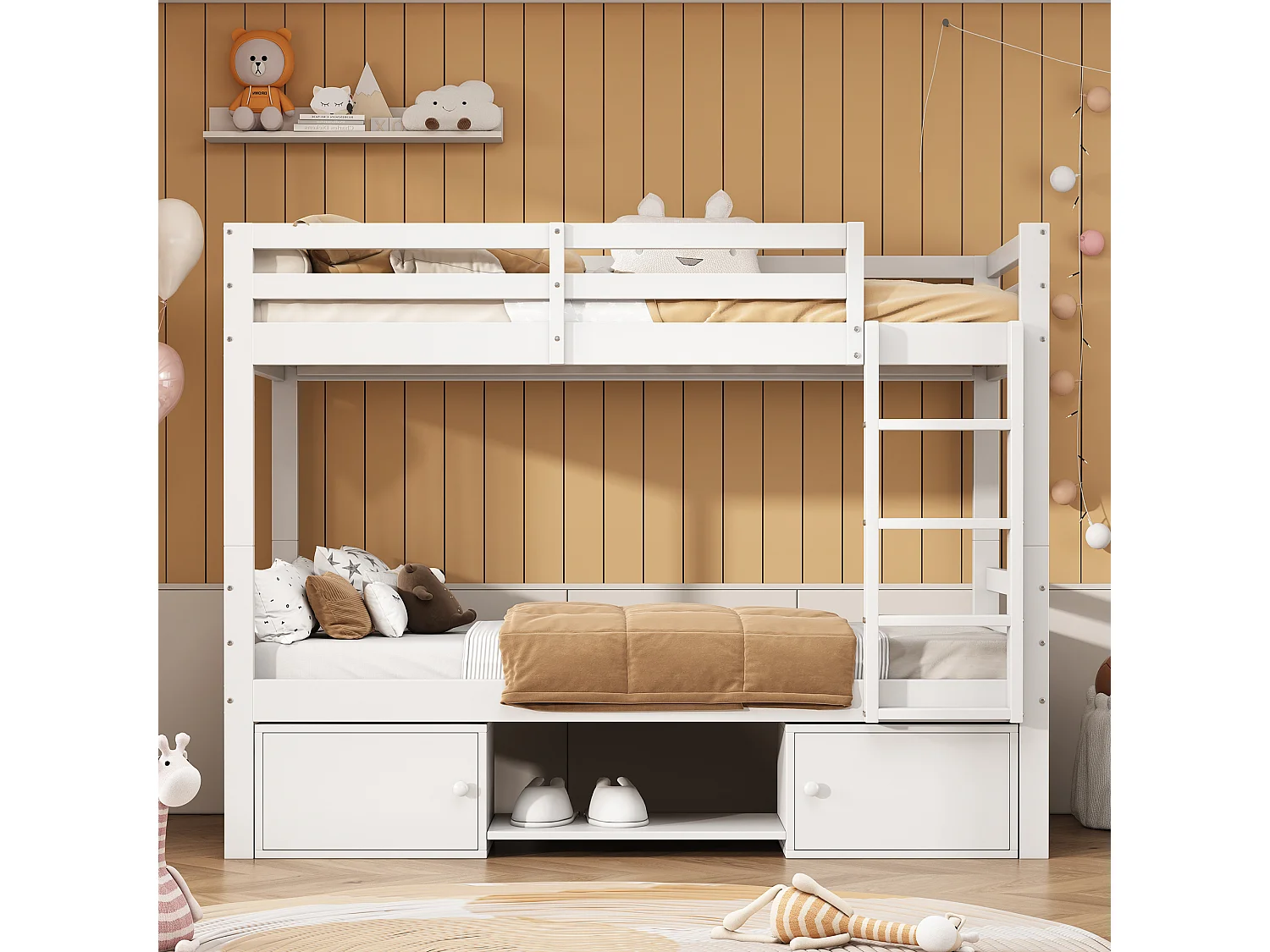 Lit Superposé Enfant 2x 90x200 cm avec 2 tiroirs et porte chaussures et sommiers inclus, pin + MDF - Blanc