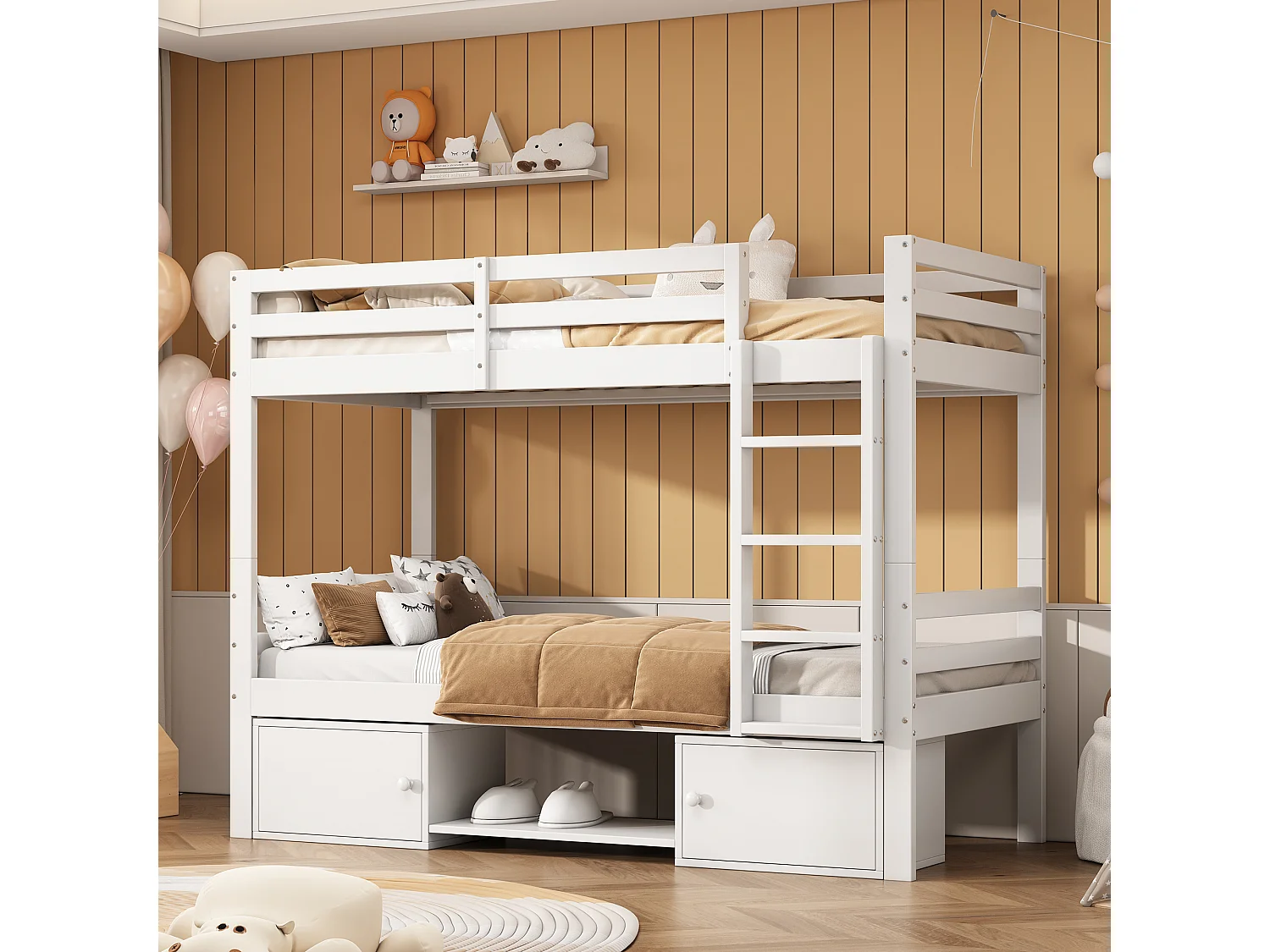 Lit Superposé Enfant 2x 90x200 cm avec 2 tiroirs et porte chaussures et sommiers inclus, pin + MDF - Blanc