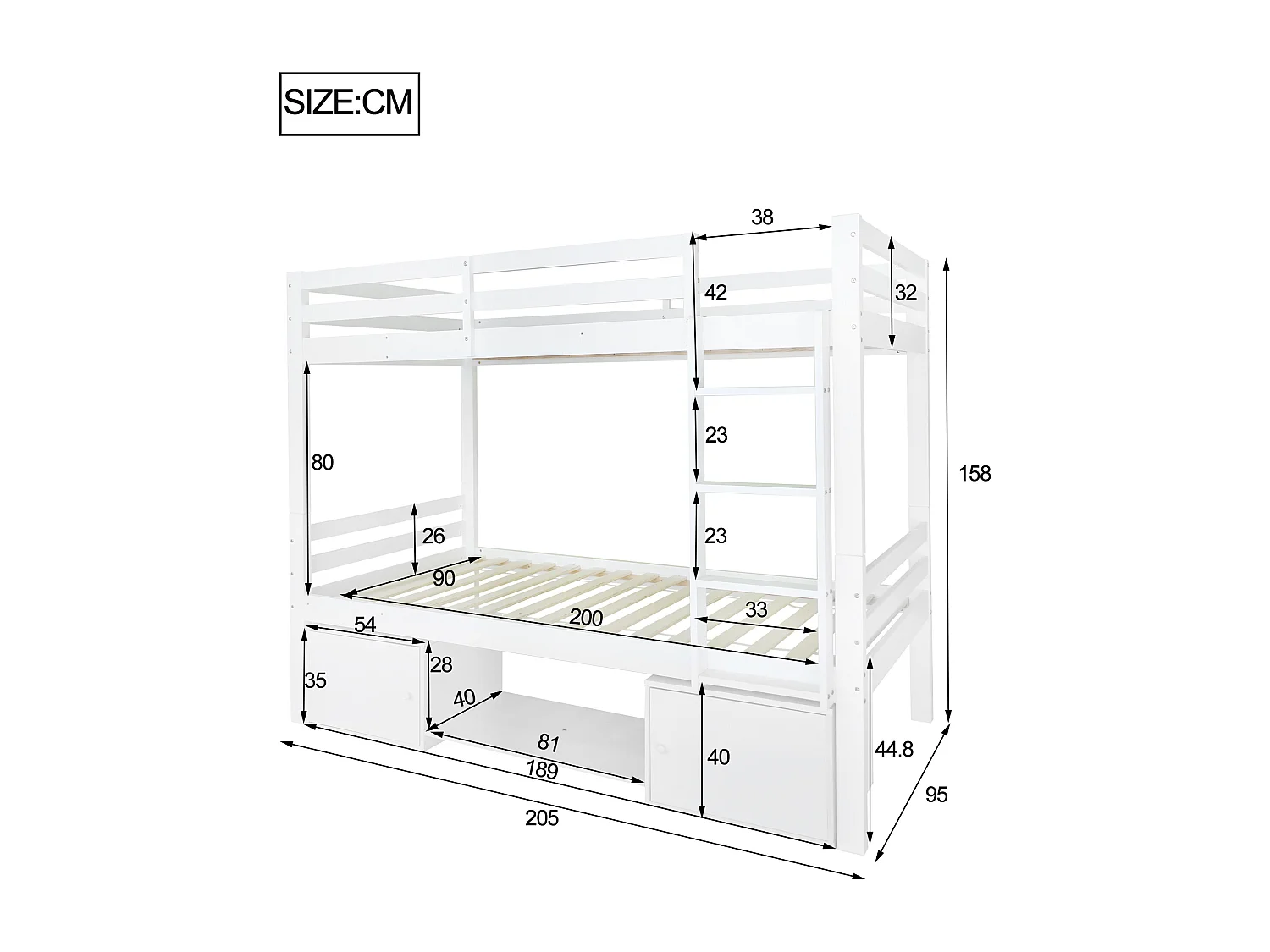 Lit Superposé Enfant 2x 90x200 cm avec 2 tiroirs et porte chaussures et sommiers inclus, pin + MDF - Blanc