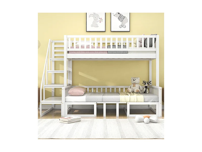 Lit superposé 90/120 x 200 cm - Lit enfant avec escalier et table réglable - structure en pin - blanc