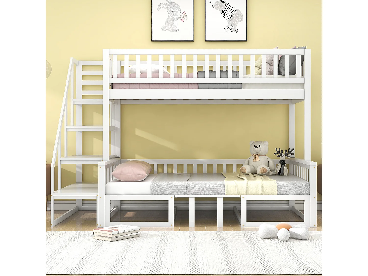 Litera infantil 90/120x200 cm multifuncional con 1 mesa ajustable y 2 sofás de madera - Blanco