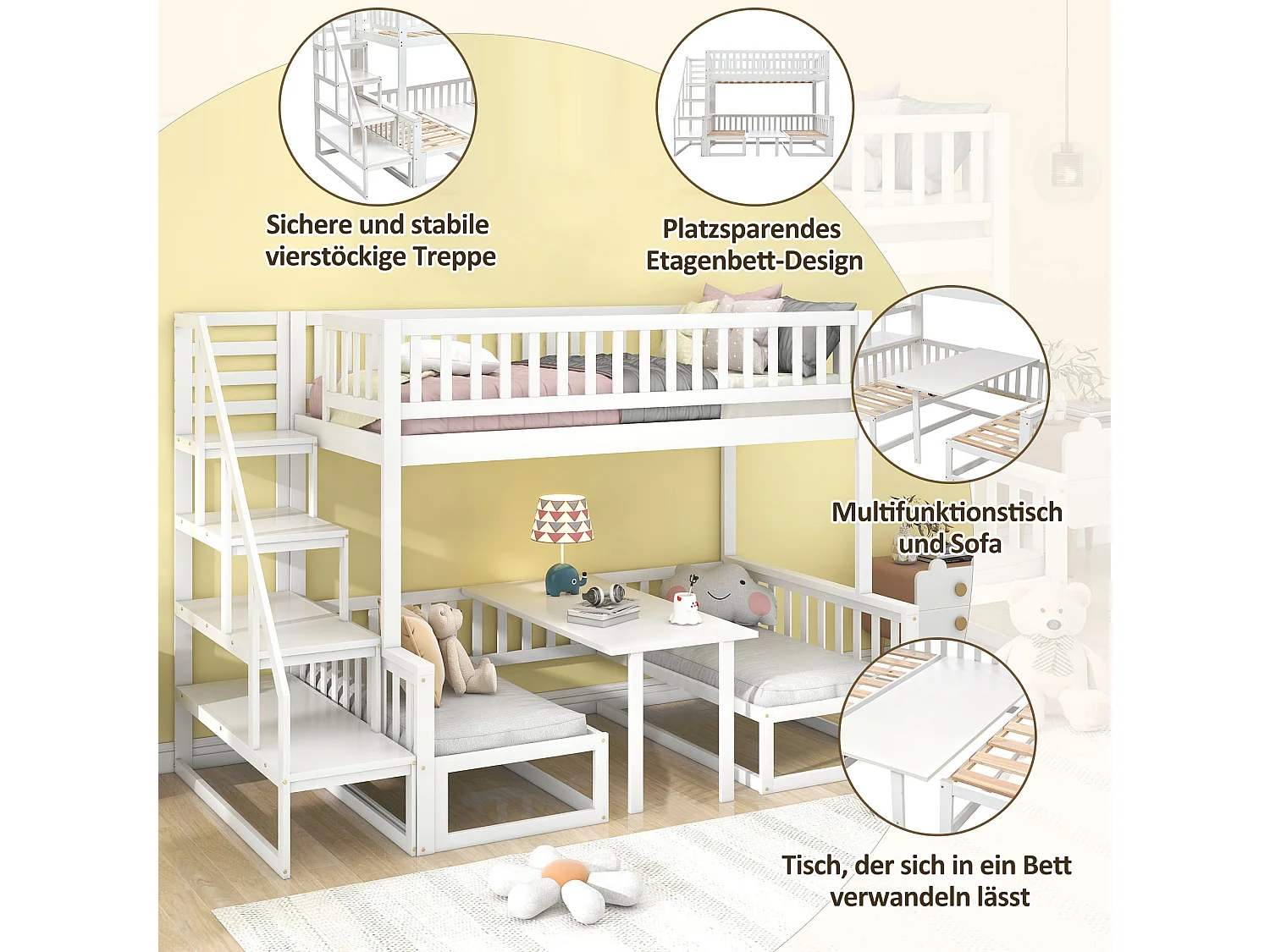 Litera infantil 90/120x200 cm multifuncional con 1 mesa ajustable y 2 sofás de madera - Blanco