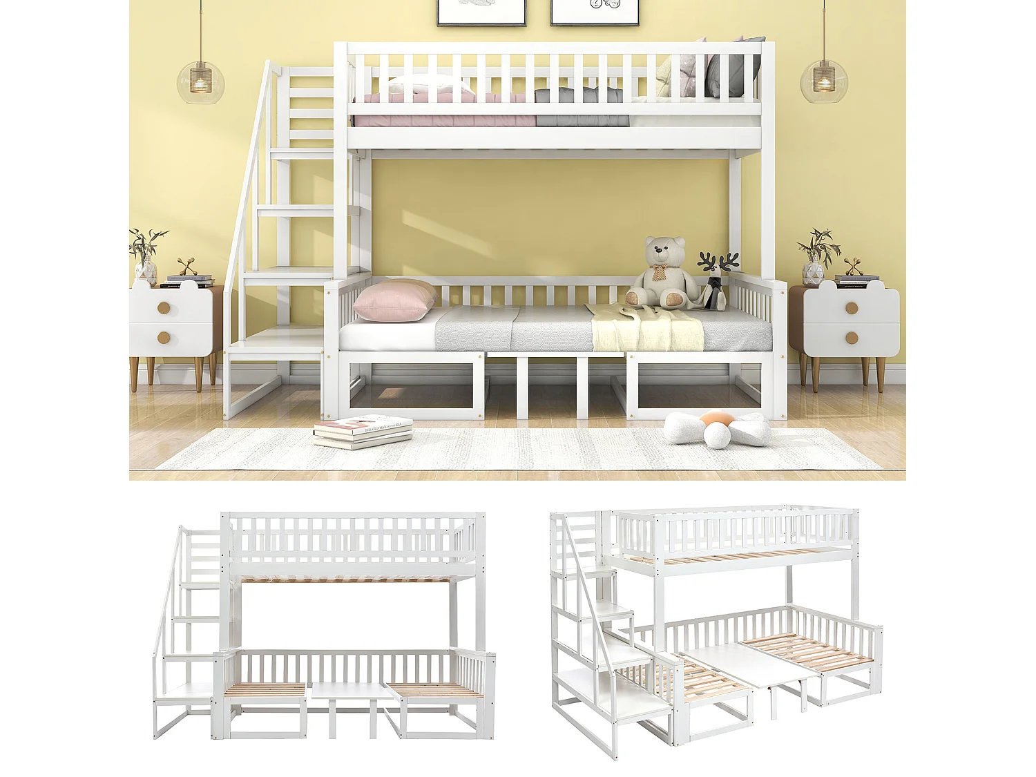 Litera infantil 90/120x200 cm multifuncional con 1 mesa ajustable y 2 sofás de madera - Blanco