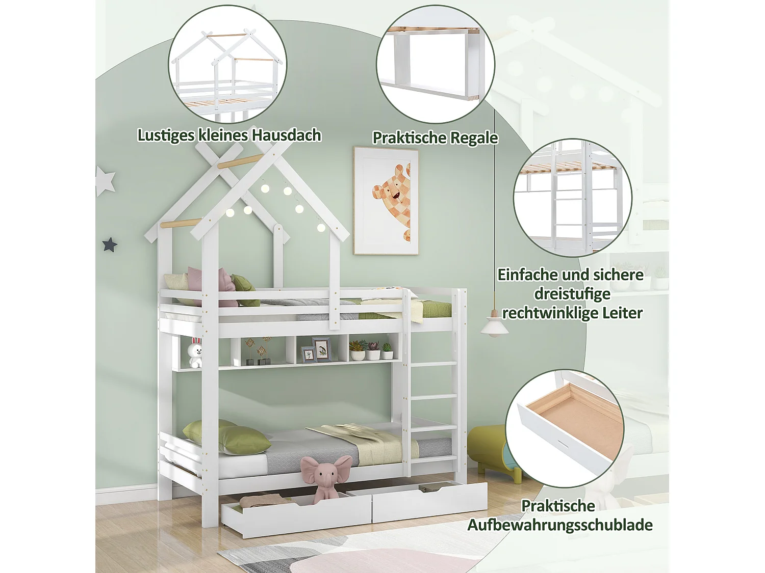 Litera infantil 2x 90x200 cm con 2 cajones y 4 nichos de almacenamiento - Blanco