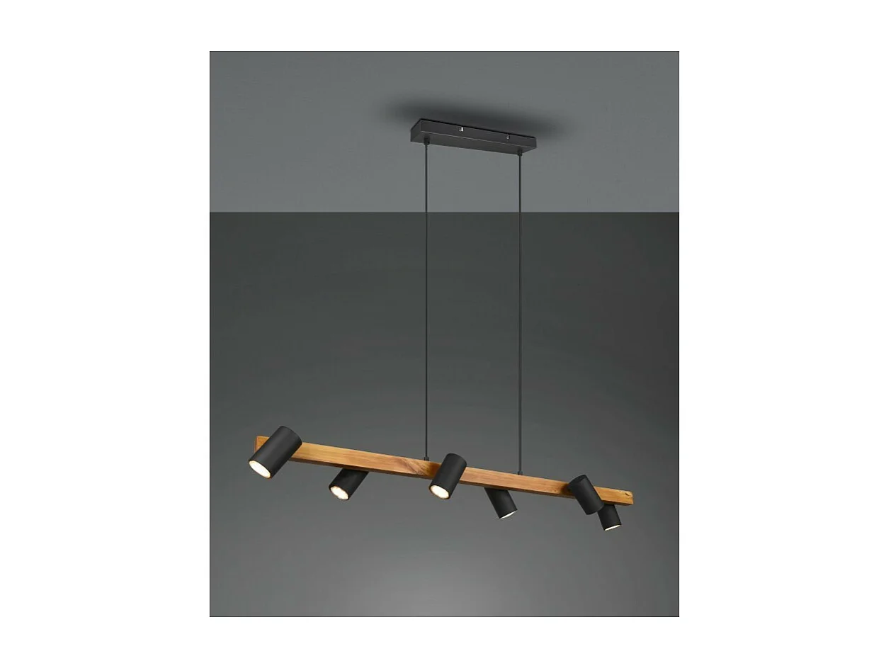 Moderne hanglamp Marley VI Trio 6 verstelbare lampen hout en mat zwart metaal, GU10 fitting zonder lampen