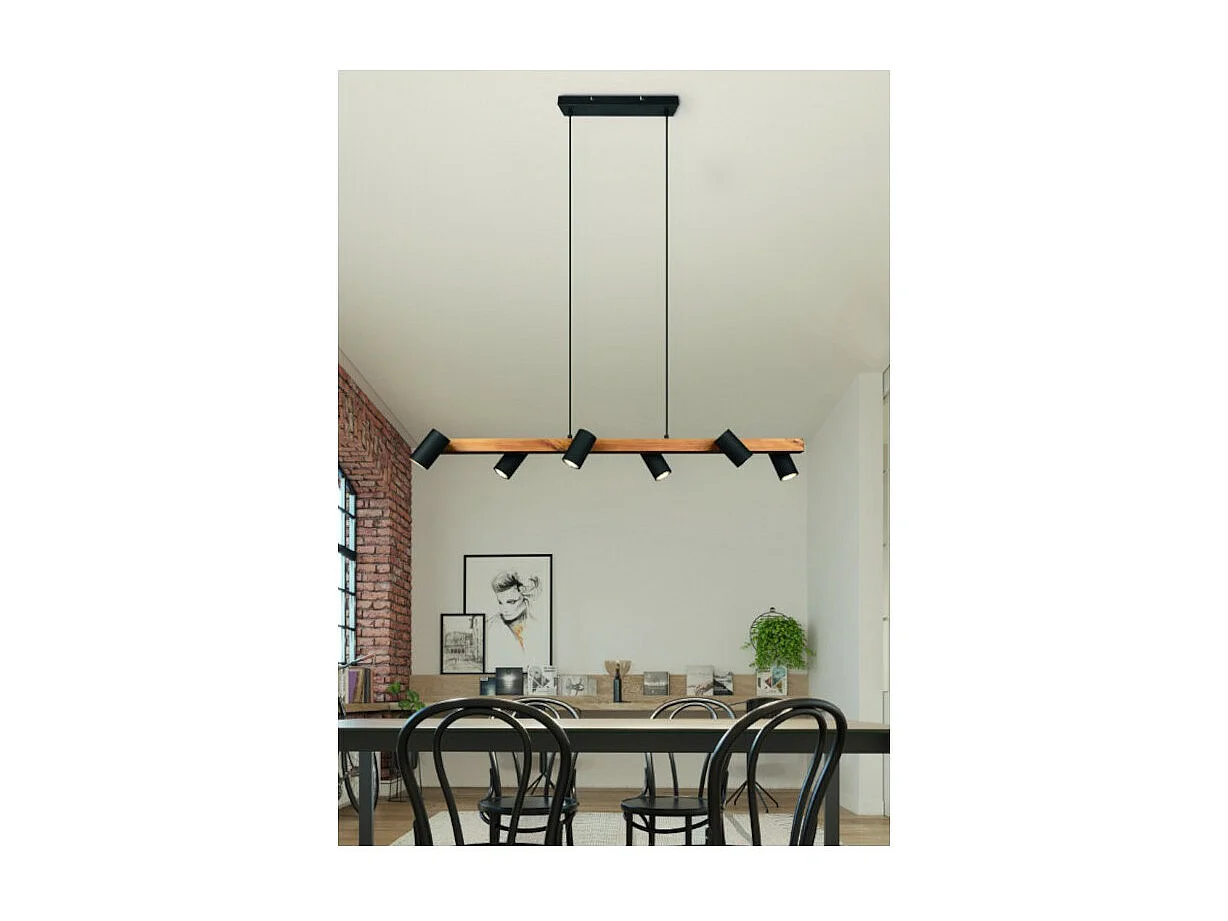 Moderne hanglamp Marley VI Trio 6 verstelbare lampen hout en mat zwart metaal, GU10 fitting zonder lampen