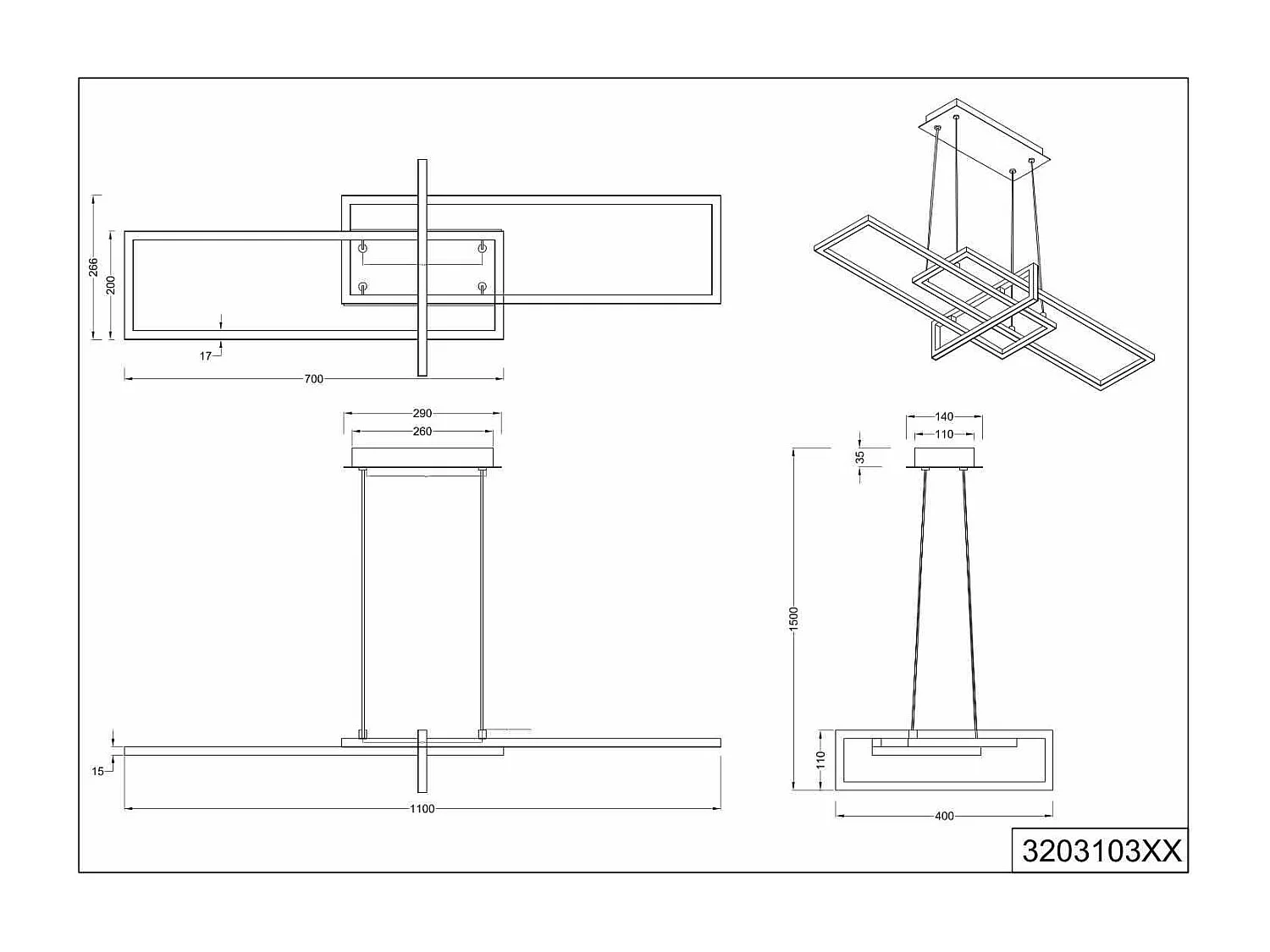 Lampada a sospensione triplo rettangolo, metallo, nero, L 110 cm, Salinas
