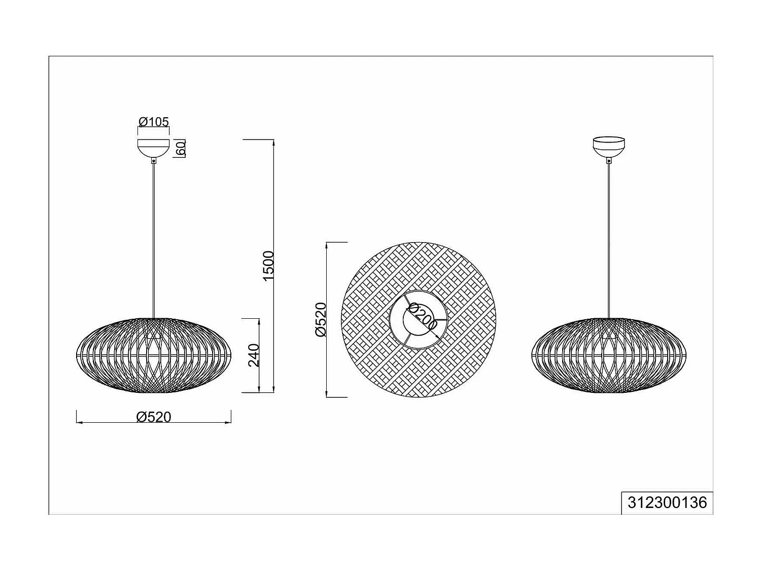 Lampada a sospensione, metallo e sisal, nero, D 52 cm, Hedda