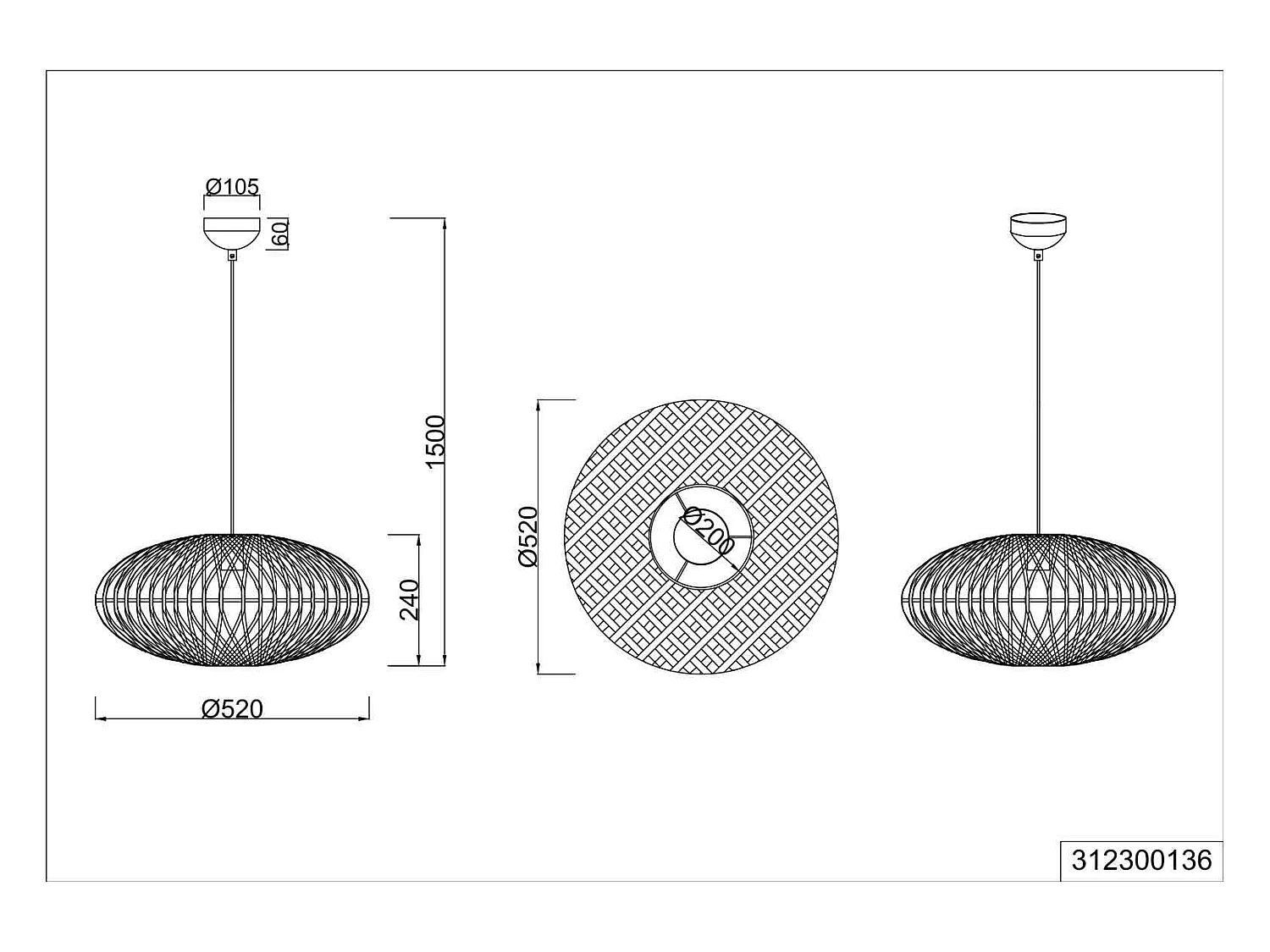 Lampada a sospensione, metallo e sisal, nero, D 52 cm, Hedda