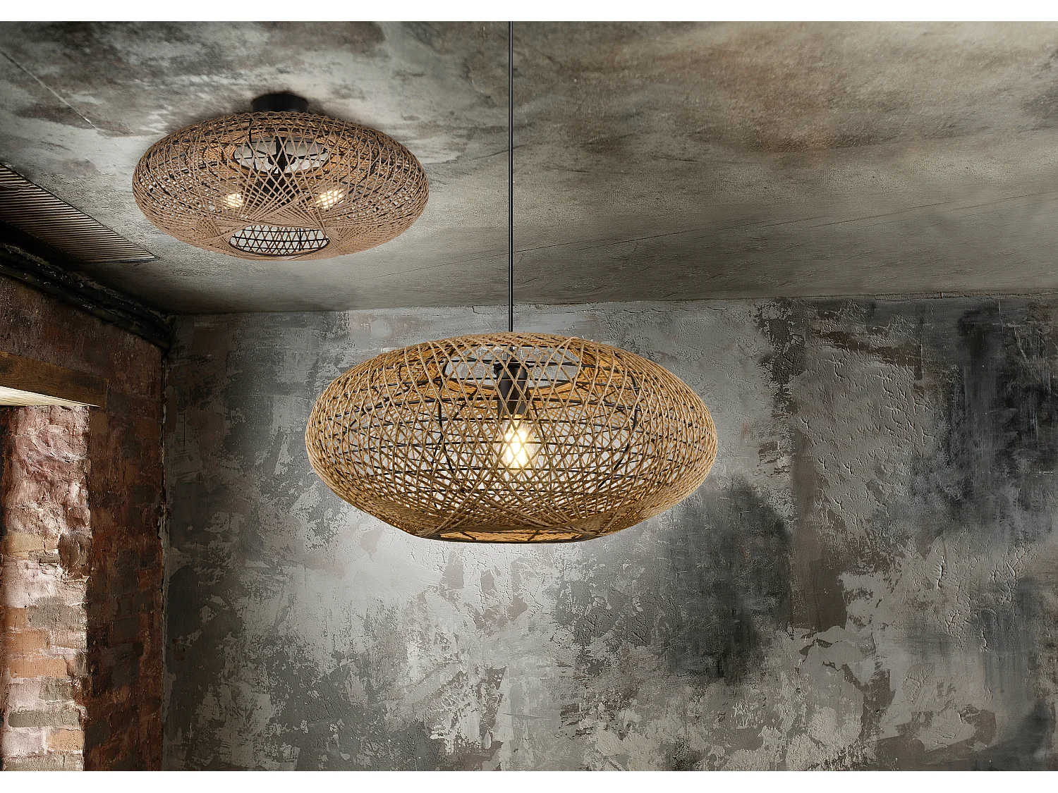 Lampada a sospensione, metallo e sisal, nero, D 52 cm, Hedda