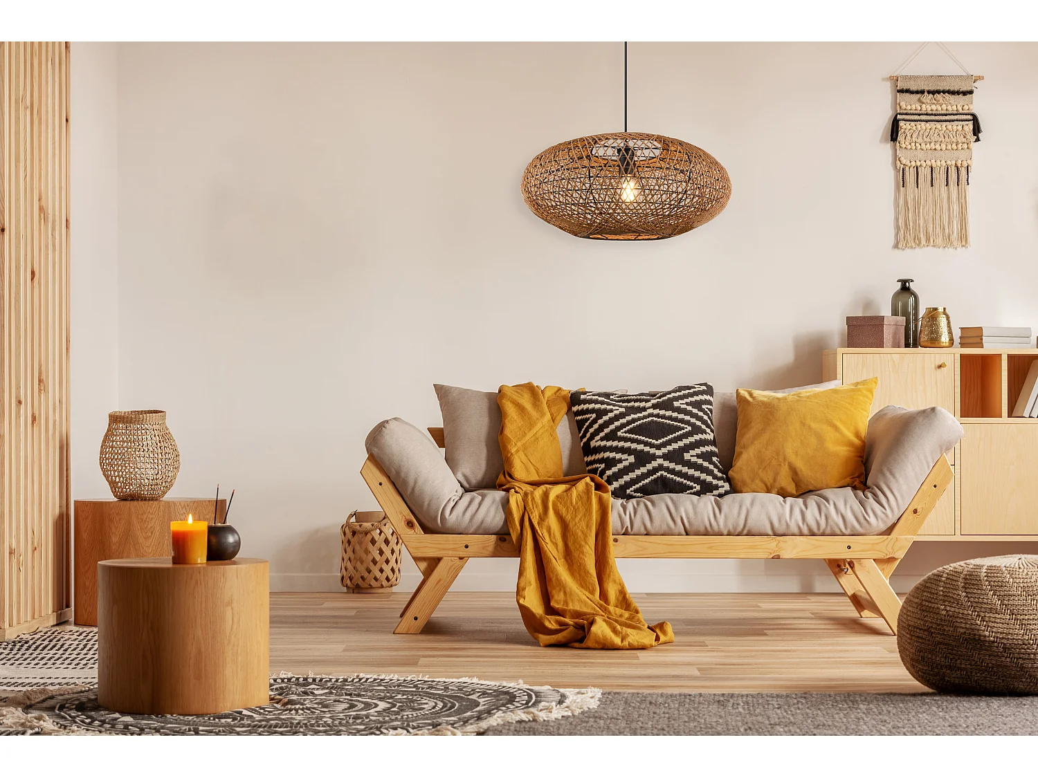 Lampada a sospensione, metallo e sisal, nero, D 52 cm, Hedda