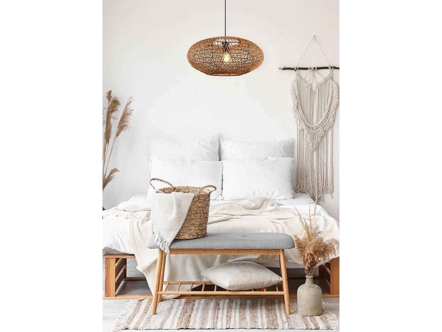 Lampada a sospensione, metallo e sisal, nero, D 52 cm, Hedda