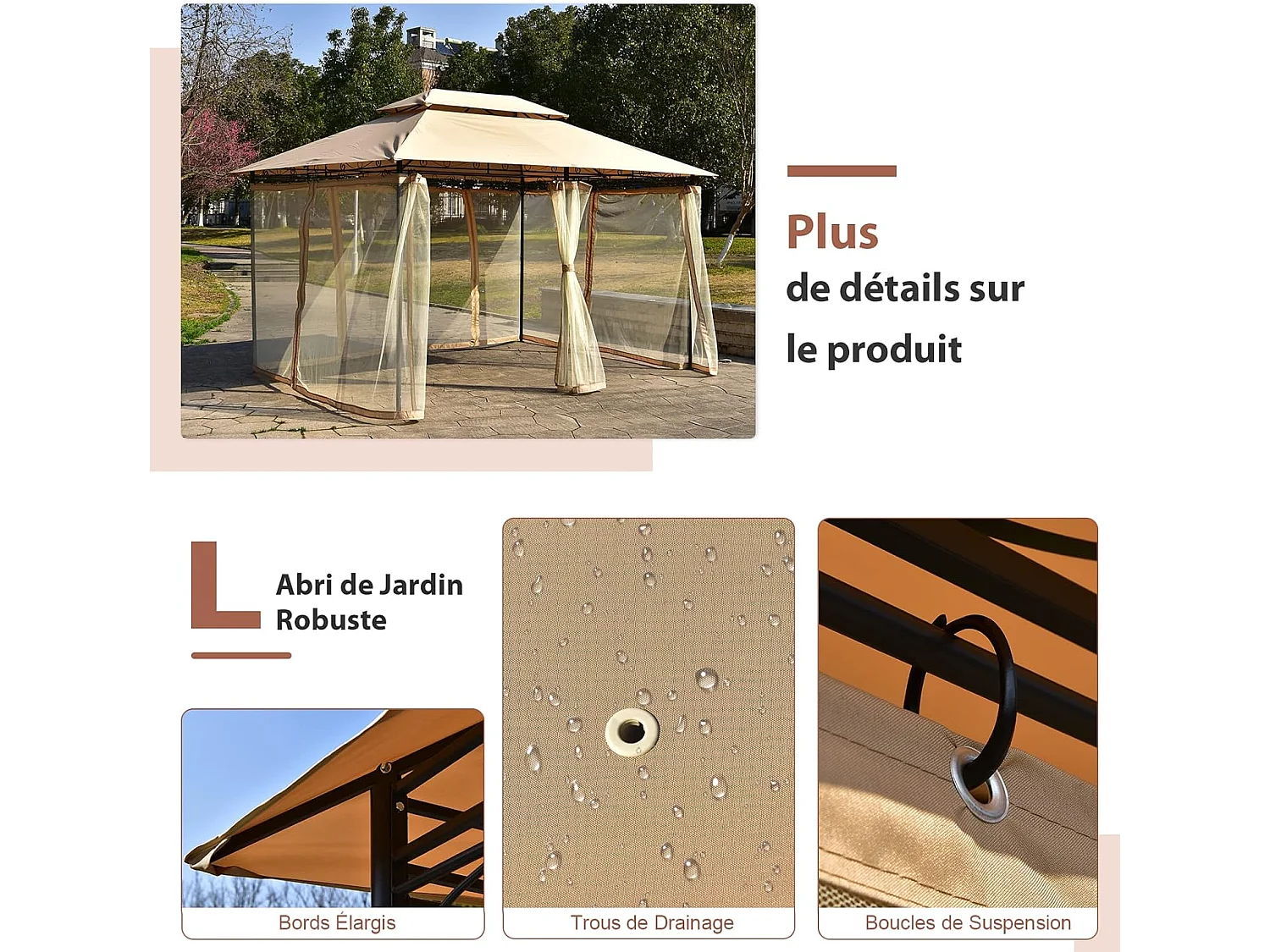 Tonnelle de Jardin Pergola 3,9 x 2,9 Moustiquaires Amovibles 6 Parois Structure Acier Auvent Tissu et velours Plastique et vinyle Havane