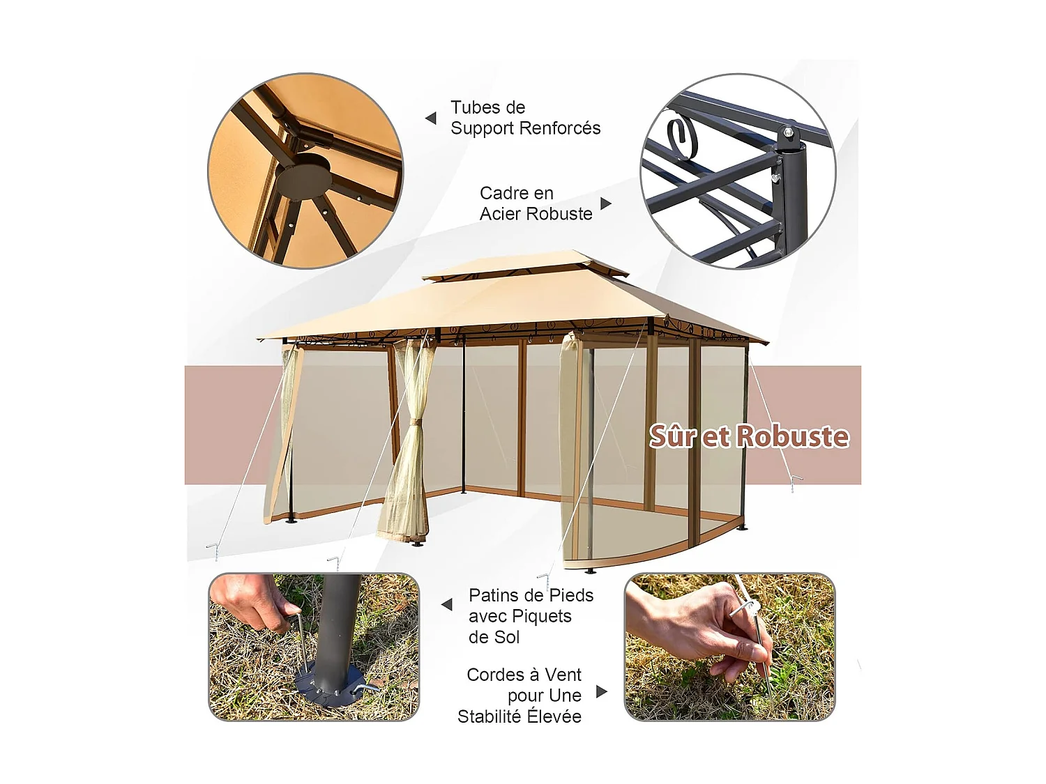 Tonnelle de Jardin Pergola 3,9 x 2,9 Moustiquaires Amovibles 6 Parois Structure Acier Auvent Tissu et velours Plastique et vinyle Havane