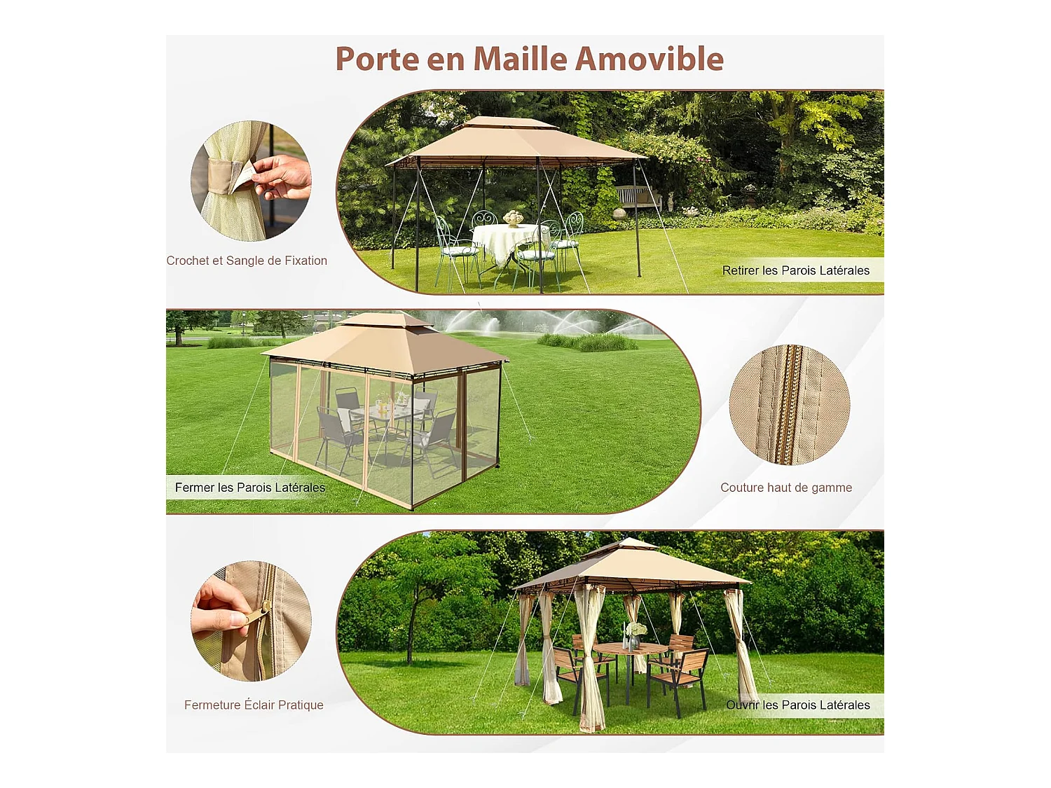 Tonnelle de Jardin Pergola 3,9 x 2,9 Moustiquaires Amovibles 6 Parois Structure Acier Auvent Tissu et velours Plastique et vinyle Havane