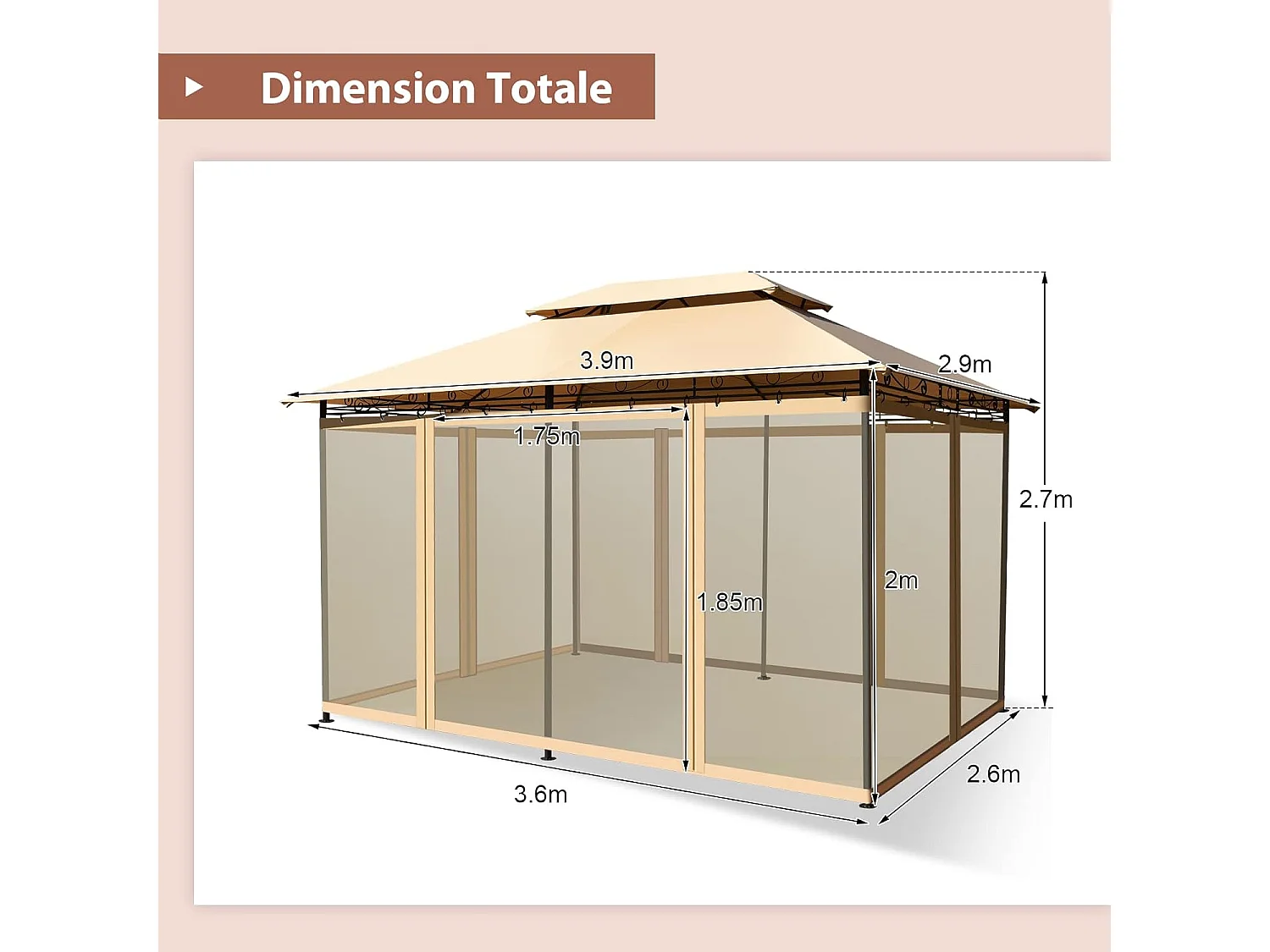 Tonnelle de Jardin Pergola 3,9 x 2,9 Moustiquaires Amovibles 6 Parois Structure Acier Auvent Tissu et velours Plastique et vinyle Havane