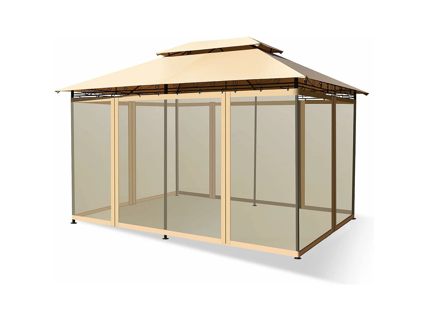 Tonnelle de Jardin Pergola 3,9 x 2,9 Moustiquaires Amovibles 6 Parois Structure Acier Auvent Tissu et velours Plastique et vinyle Havane