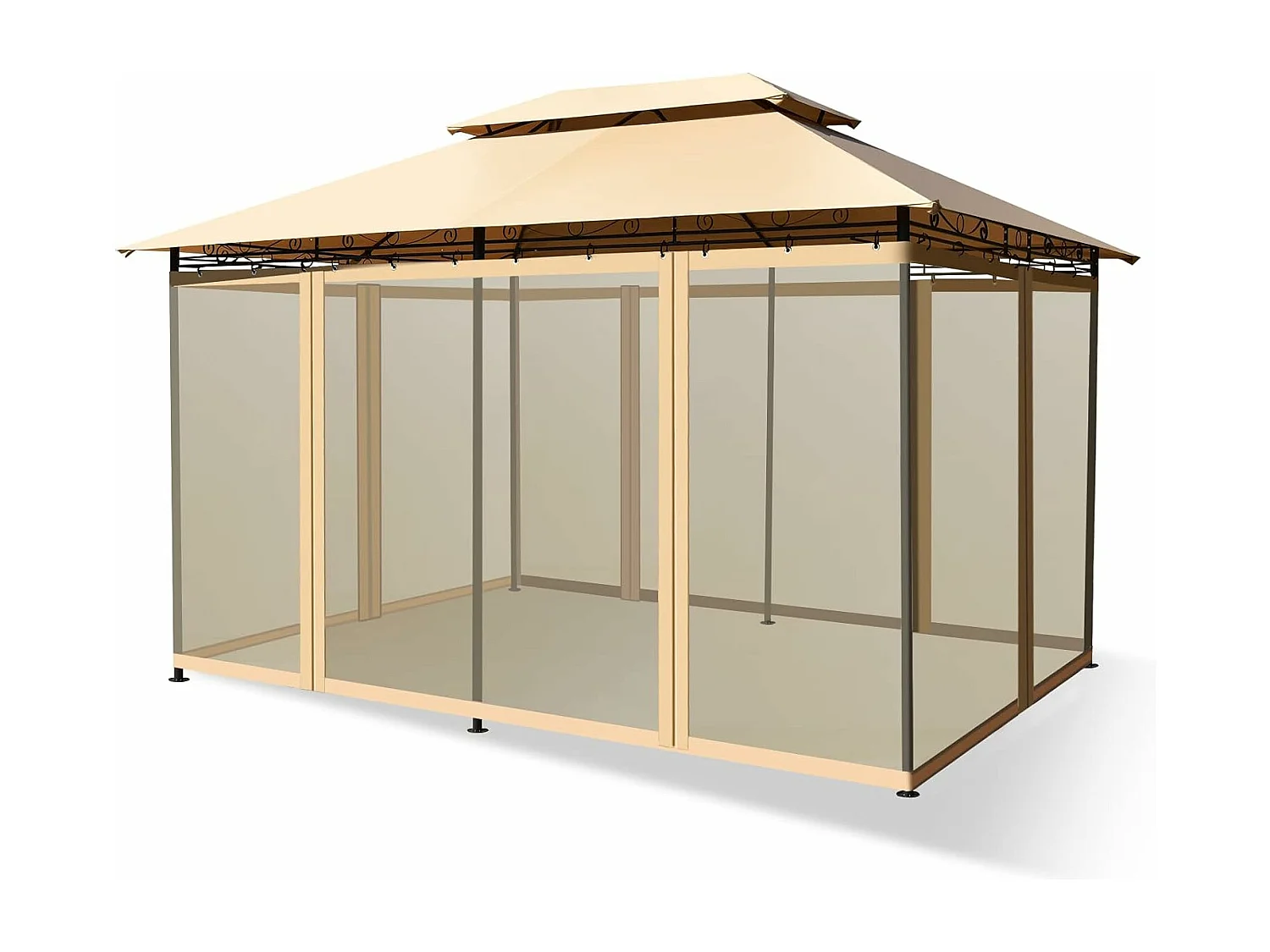 Tonnelle de Jardin Pergola 3,9 x 2,9 Moustiquaires Amovibles 6 Parois Structure Acier Auvent Tissu et velours Plastique et vinyle Havane