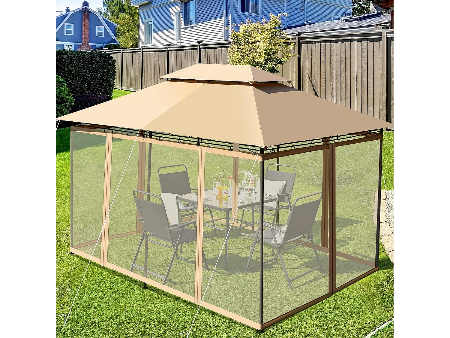 Tonnelle de Jardin Pergola 3,9 x 2,9 Moustiquaires Amovibles 6 Parois Structure Acier Auvent Tissu et velours Plastique et vinyle Havane