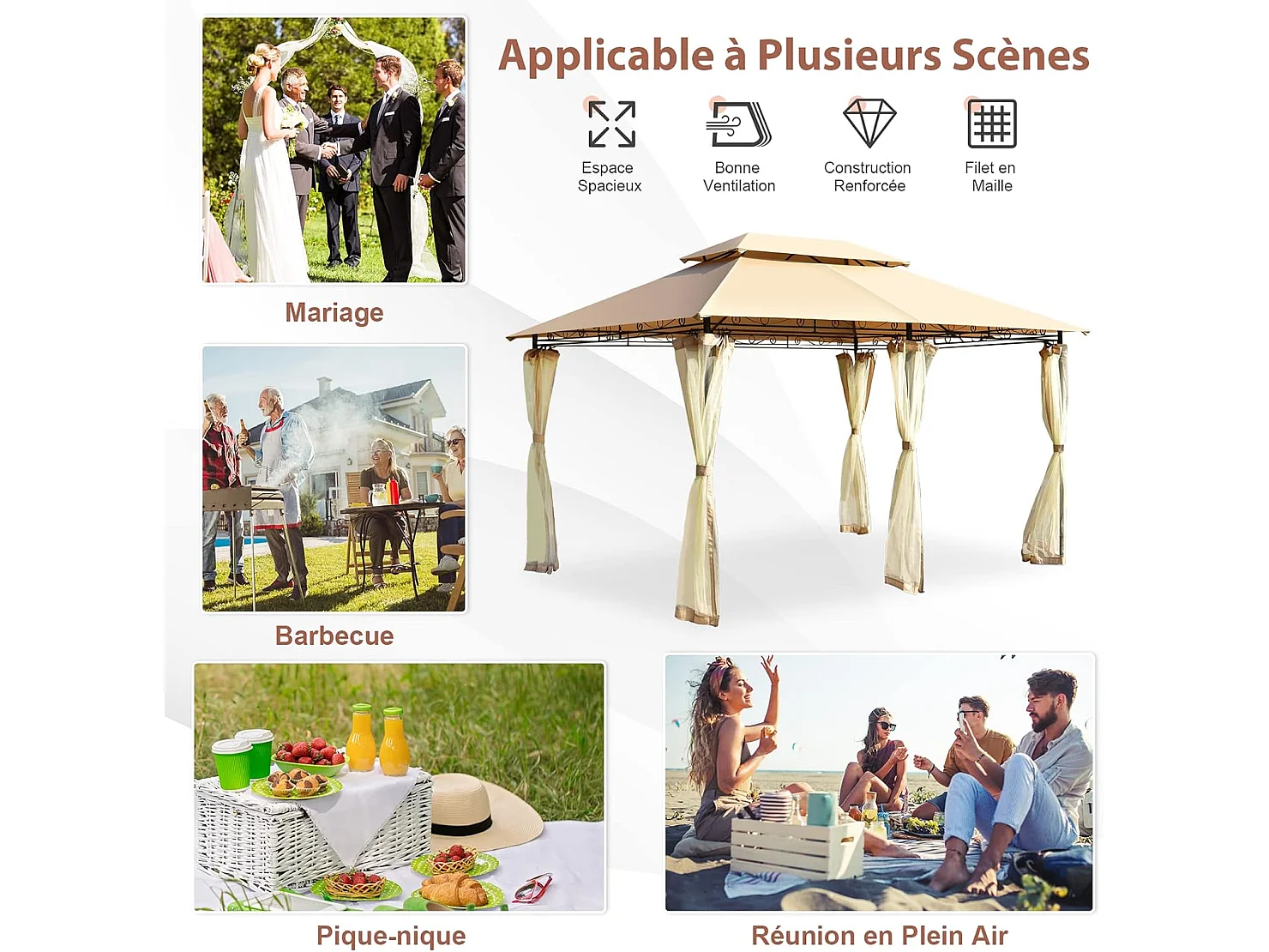 Tonnelle de Jardin Pergola 3,9 x 2,9 Moustiquaires Amovibles 6 Parois Structure Acier Auvent Tissu et velours Plastique et vinyle Havane