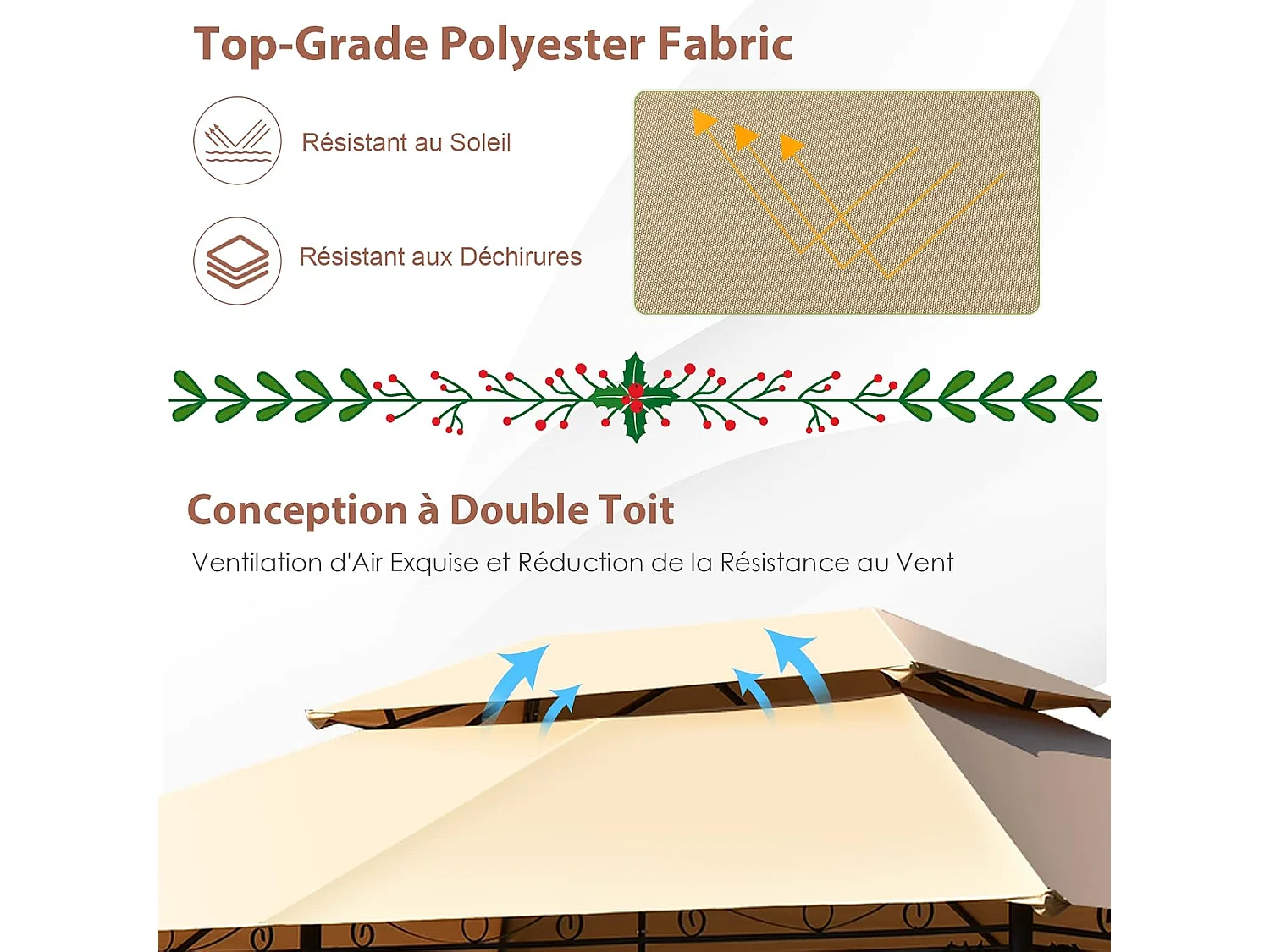 Tonnelle de Jardin Pergola 3,9 x 2,9 Moustiquaires Amovibles 6 Parois Structure Acier Auvent Tissu et velours Plastique et vinyle Havane