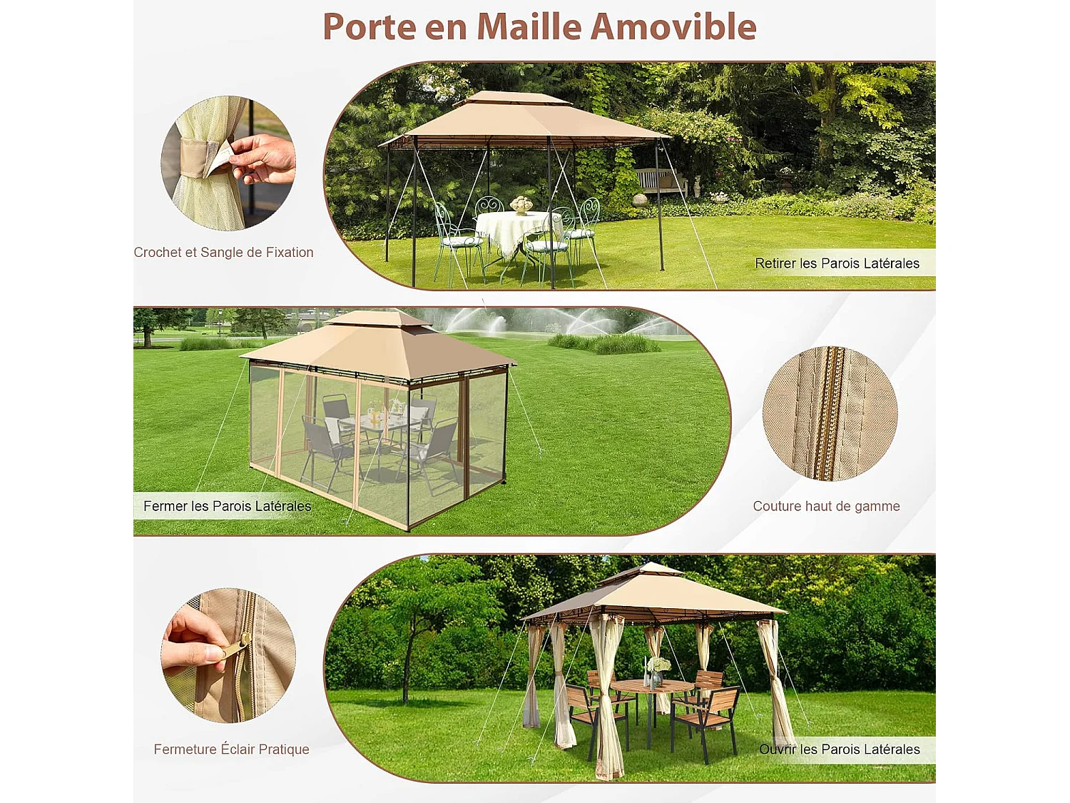 Tonnelle de Jardin Pergola 3,9 x 2,9 Moustiquaires Amovibles 6 Parois Structure Acier Auvent Tissu et velours Plastique et vinyle Havane