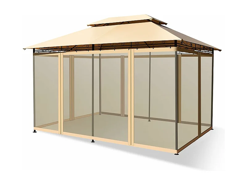 Tonnelle de Jardin Pergola 3,9 x 2,9 Moustiquaires Amovibles 6 Parois Structure Acier Auvent Tissu et velours Plastique et vinyle Havane