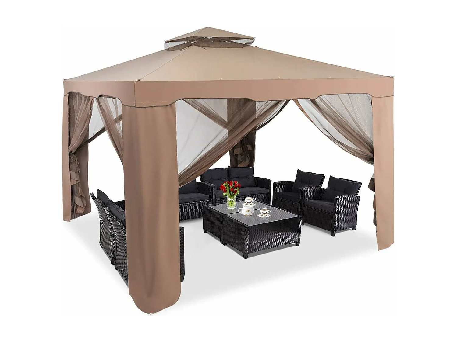 Pavillon Tonnelle de Jardin de 3 x 3 M Autoportante avec Ornements 4 Rideaux de Moustiquaire Plastique et vinyle Brun ou Beige 298 x 299 x 200