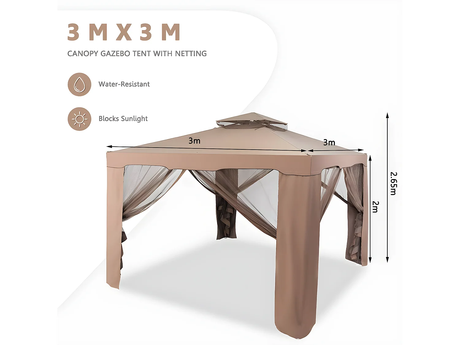 Pavillon Tonnelle de Jardin de 3 x 3 M Autoportante avec Ornements 4 Rideaux de Moustiquaire Plastique et vinyle Brun ou Beige 298 x 299 x 200