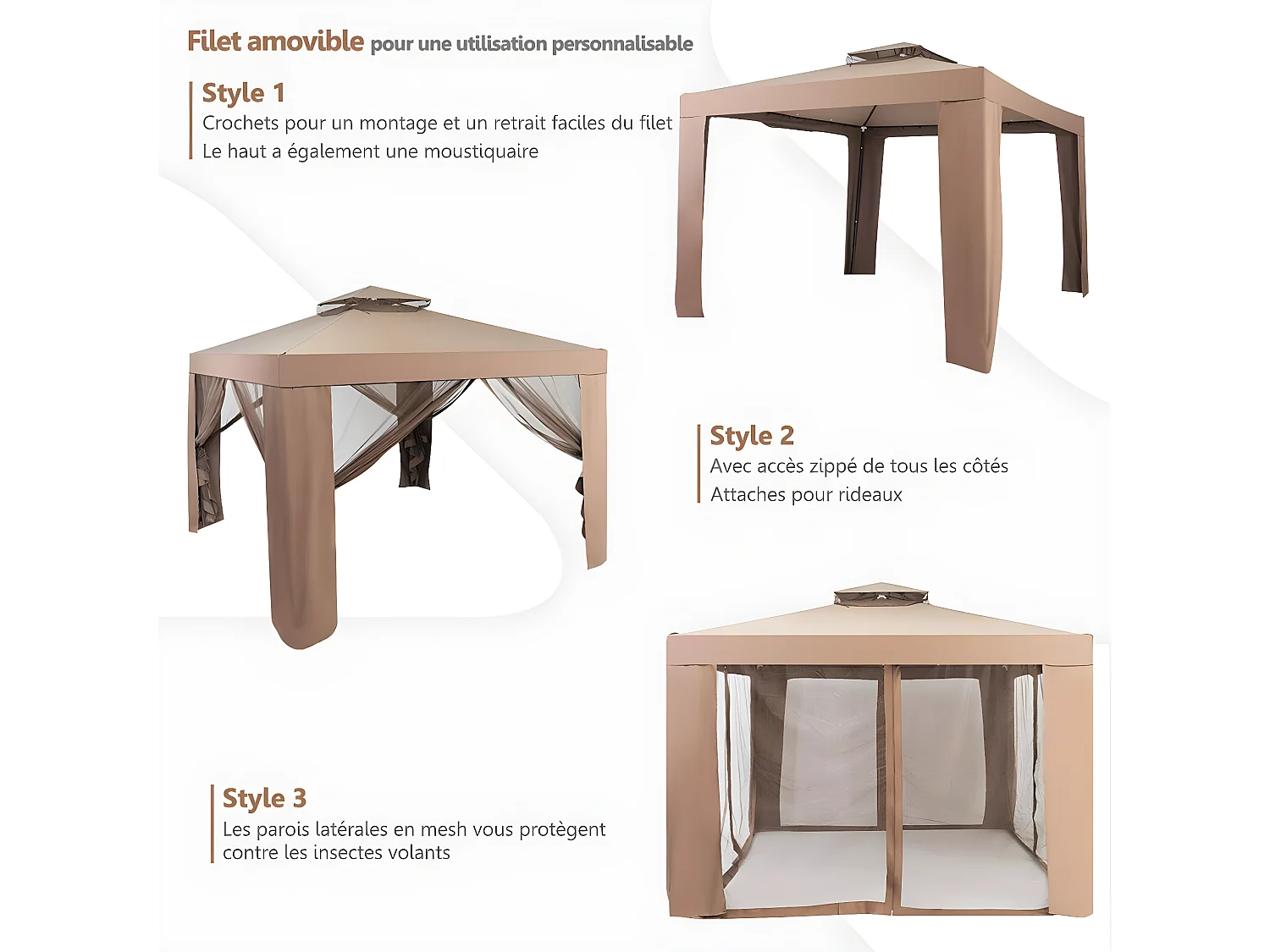 Pavillon Tonnelle de Jardin de 3 x 3 M Autoportante avec Ornements 4 Rideaux de Moustiquaire Plastique et vinyle Brun ou Beige 298 x 299 x 200