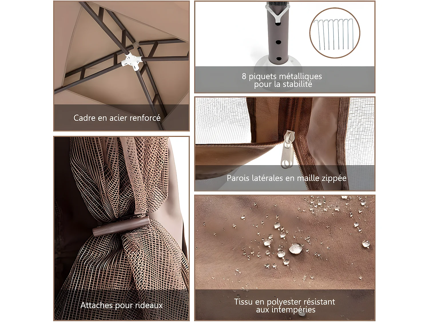 Pavillon Tonnelle de Jardin de 3 x 3 M Autoportante avec Ornements 4 Rideaux de Moustiquaire Plastique et vinyle Brun ou Beige 298 x 299 x 200