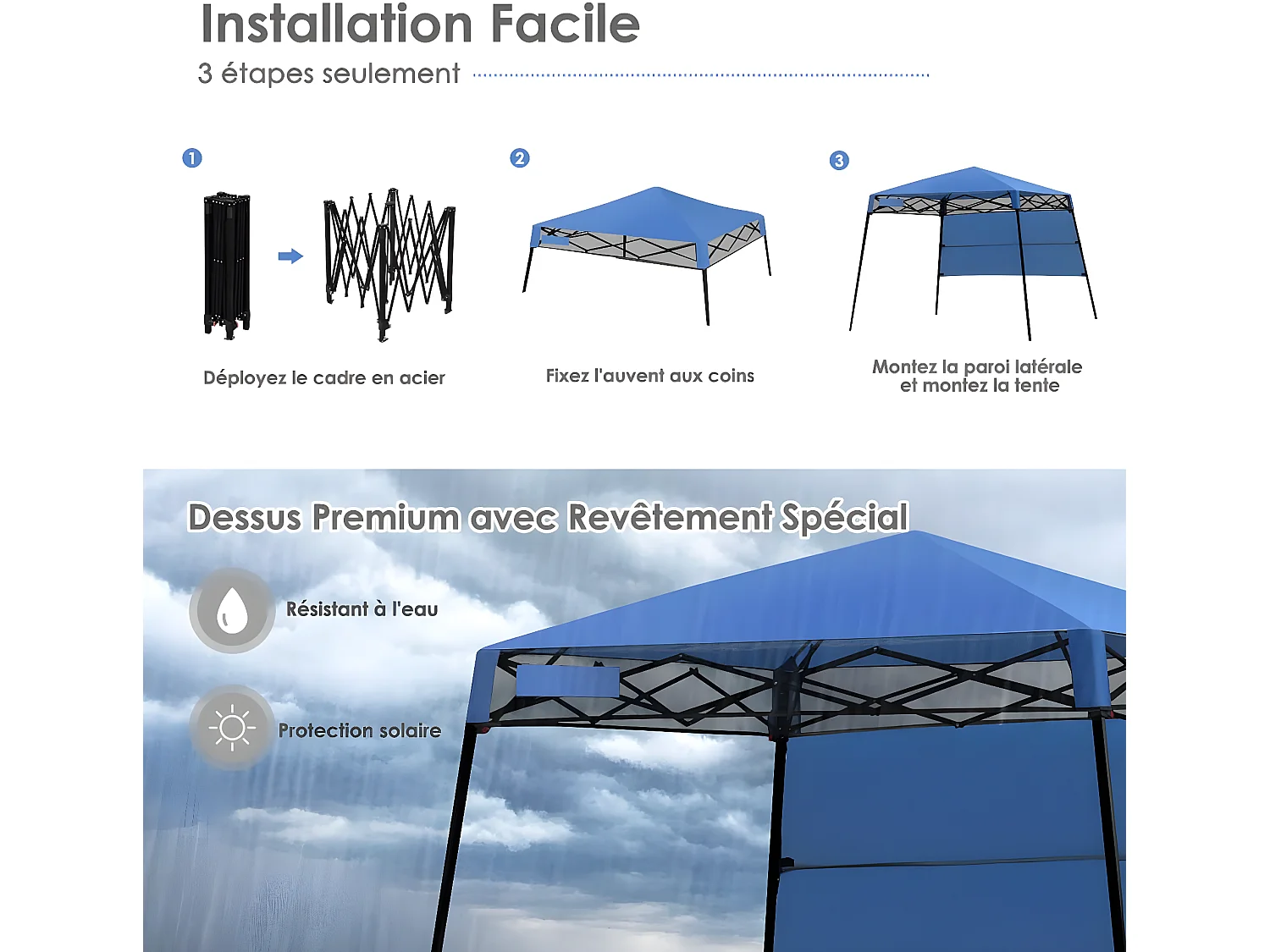 Tonnelle Pliante 181 x 181 cm/Tente d'Extérieur pour Protection Solaire-Portable et Léger Abri avec Sac à Dos pour CamBoisg, Fête, Barbecue Bleu