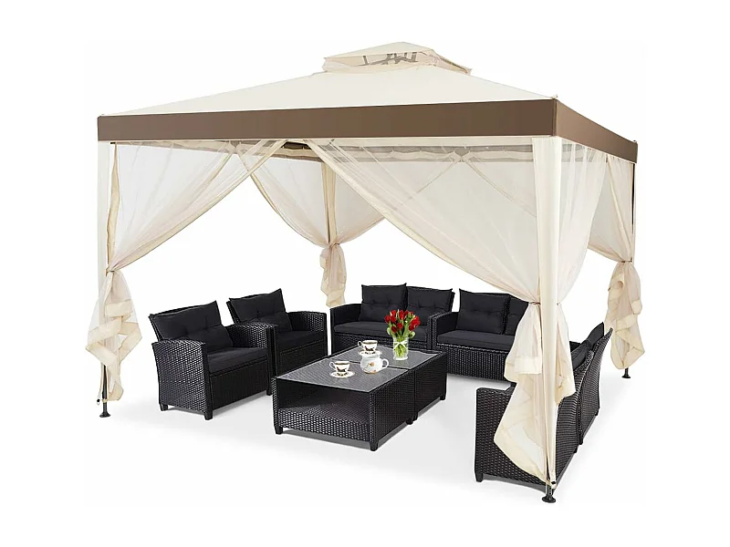 Pavillon Tonnelle de Jardin de 3x3M Autoportante avec Ornements 4 Rideaux de Moustiquaire Plastique et vinyle Beige 298 x 299 x 200/265 CM