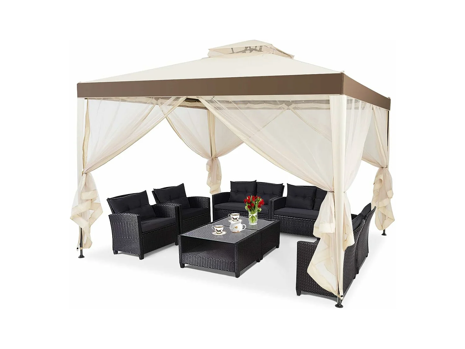 Pavillon Tonnelle de Jardin de 3x3M Autoportante avec Ornements 4 Rideaux de Moustiquaire Plastique et vinyle Beige 298 x 299 x 200/265 CM