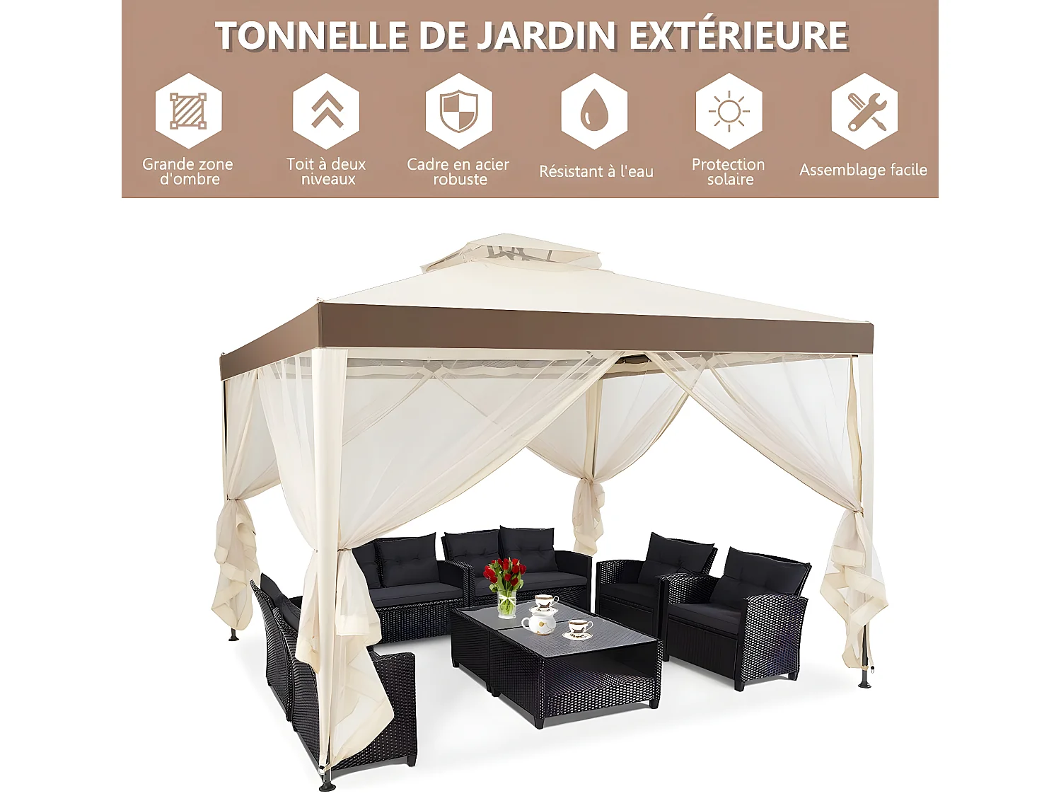Pavillon Tonnelle de Jardin de 3x3M Autoportante avec Ornements 4 Rideaux de Moustiquaire Plastique et vinyle Beige 298 x 299 x 200/265 CM