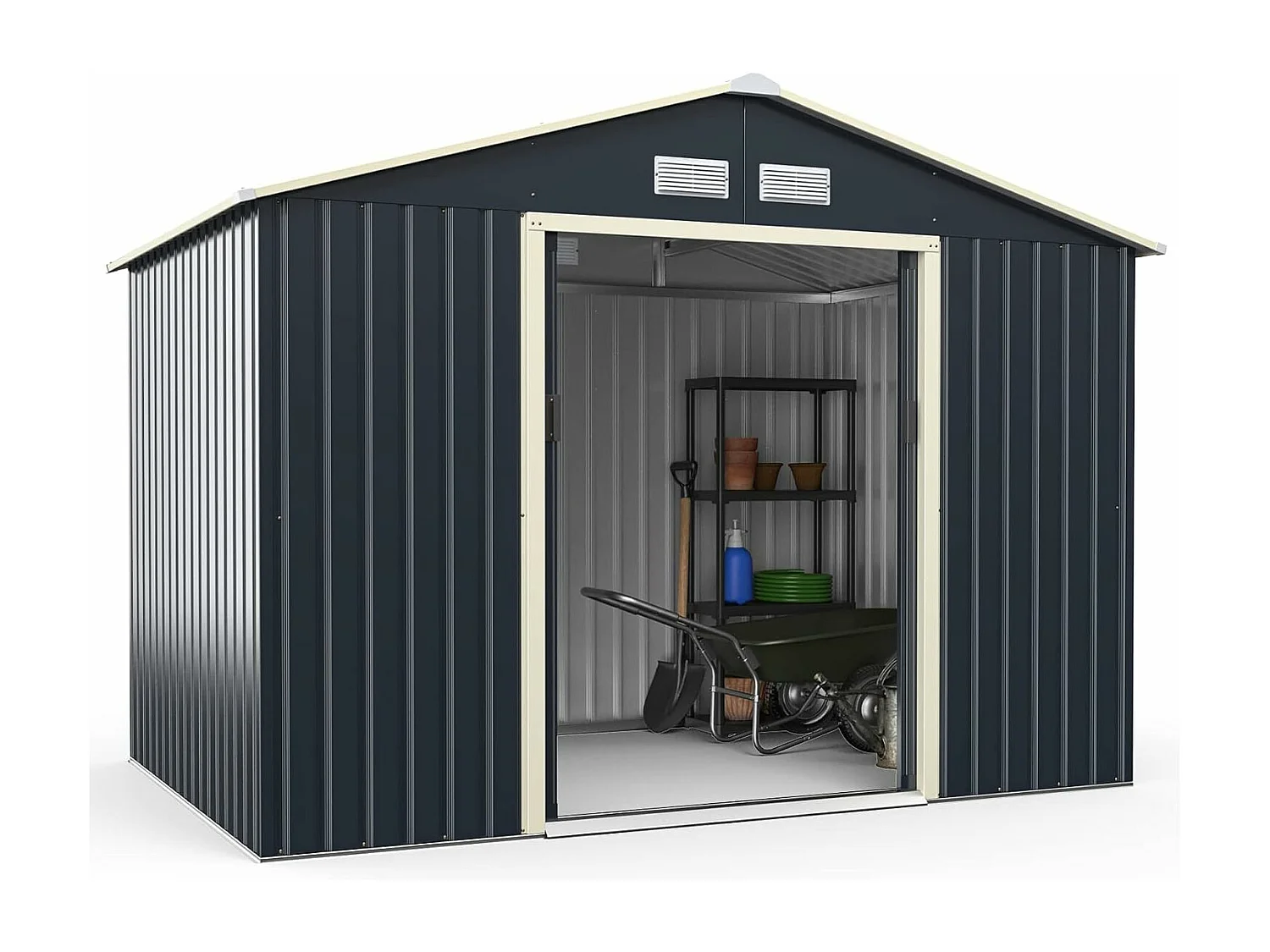 Abri de Jardin en Métal-7㎡-2 Portes Coulissantes Verrouillables-4 Trous d’Aération-Toit Penché/Cabane Jardin-277,5 x 255 x 202,5cm-Gris