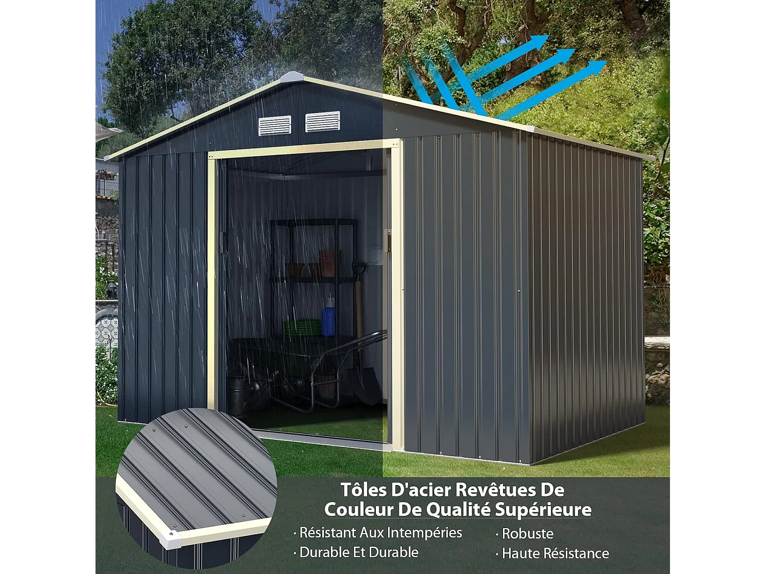 Abri de Jardin en Métal-7㎡-2 Portes Coulissantes Verrouillables-4 Trous d’Aération-Toit Penché/Cabane Jardin-277,5 x 255 x 202,5cm-Gris