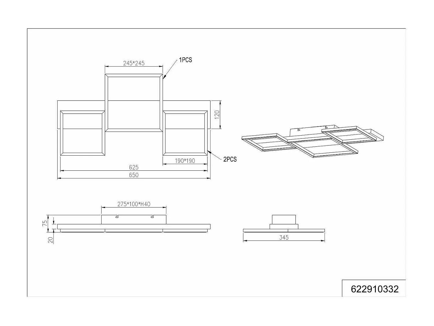 Plafoniera LED 3 quadrati, metallo e legno, nero, L 65 cm, Harper