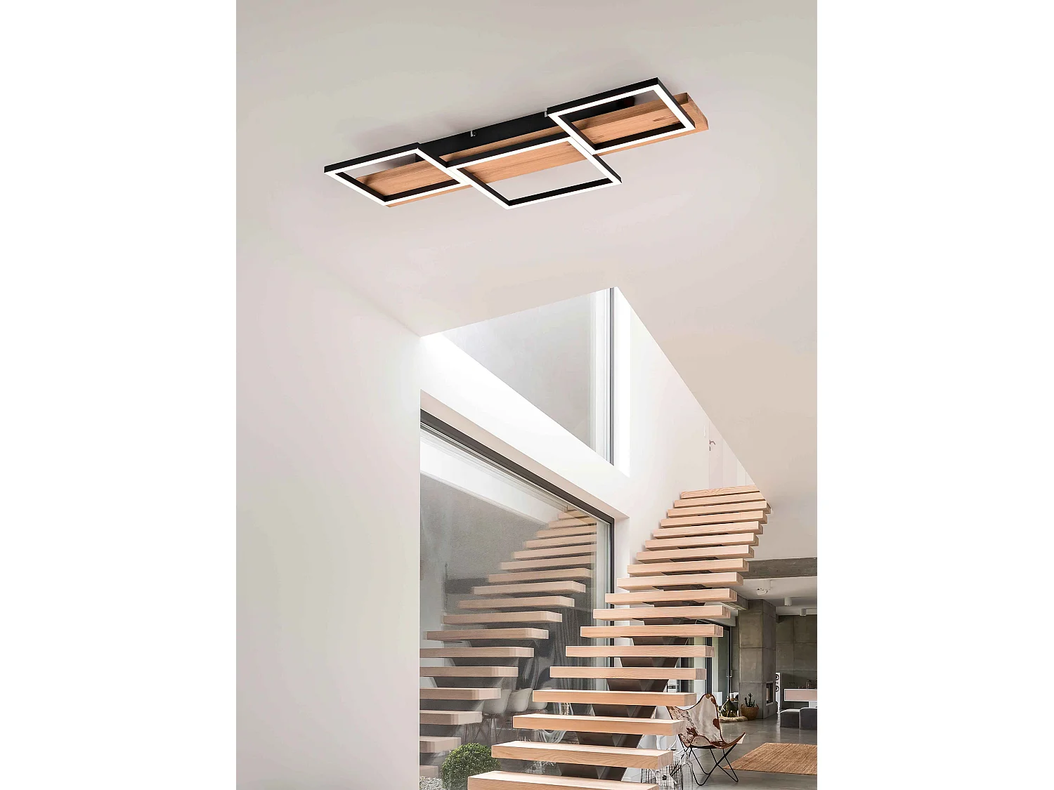 Plafoniera LED 3 quadrati, metallo e legno, nero, L 65 cm, Harper