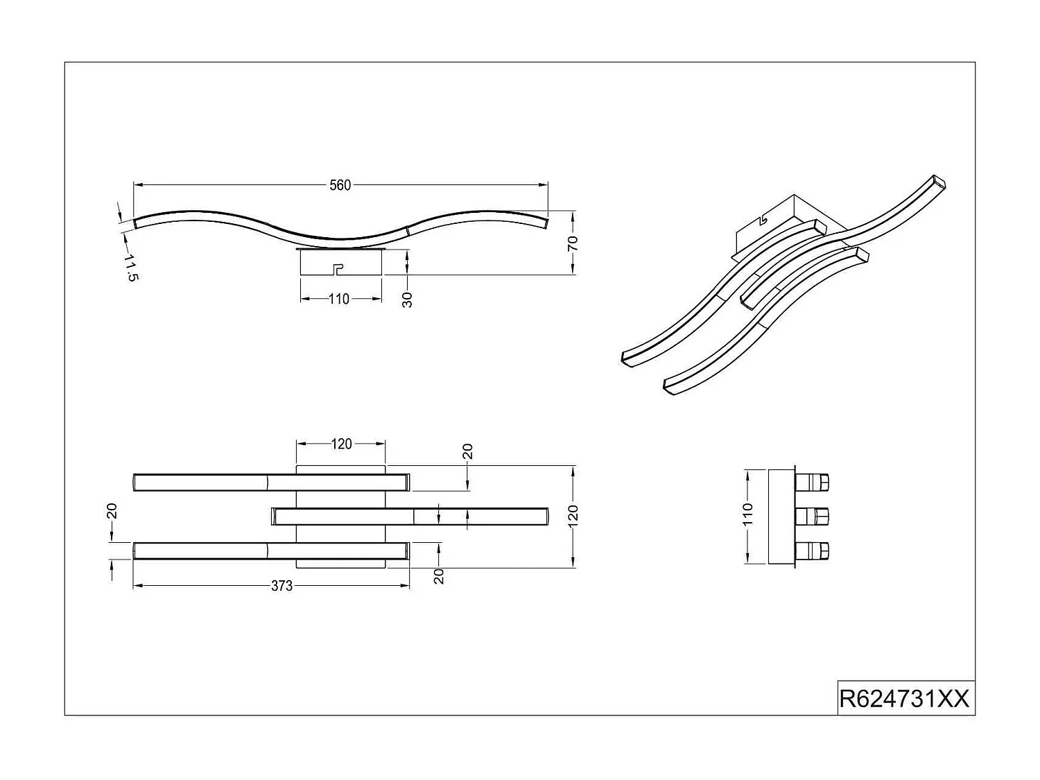 Plafoniera LED 3 bacchette, metallo, bianco, L 56 cm, Route