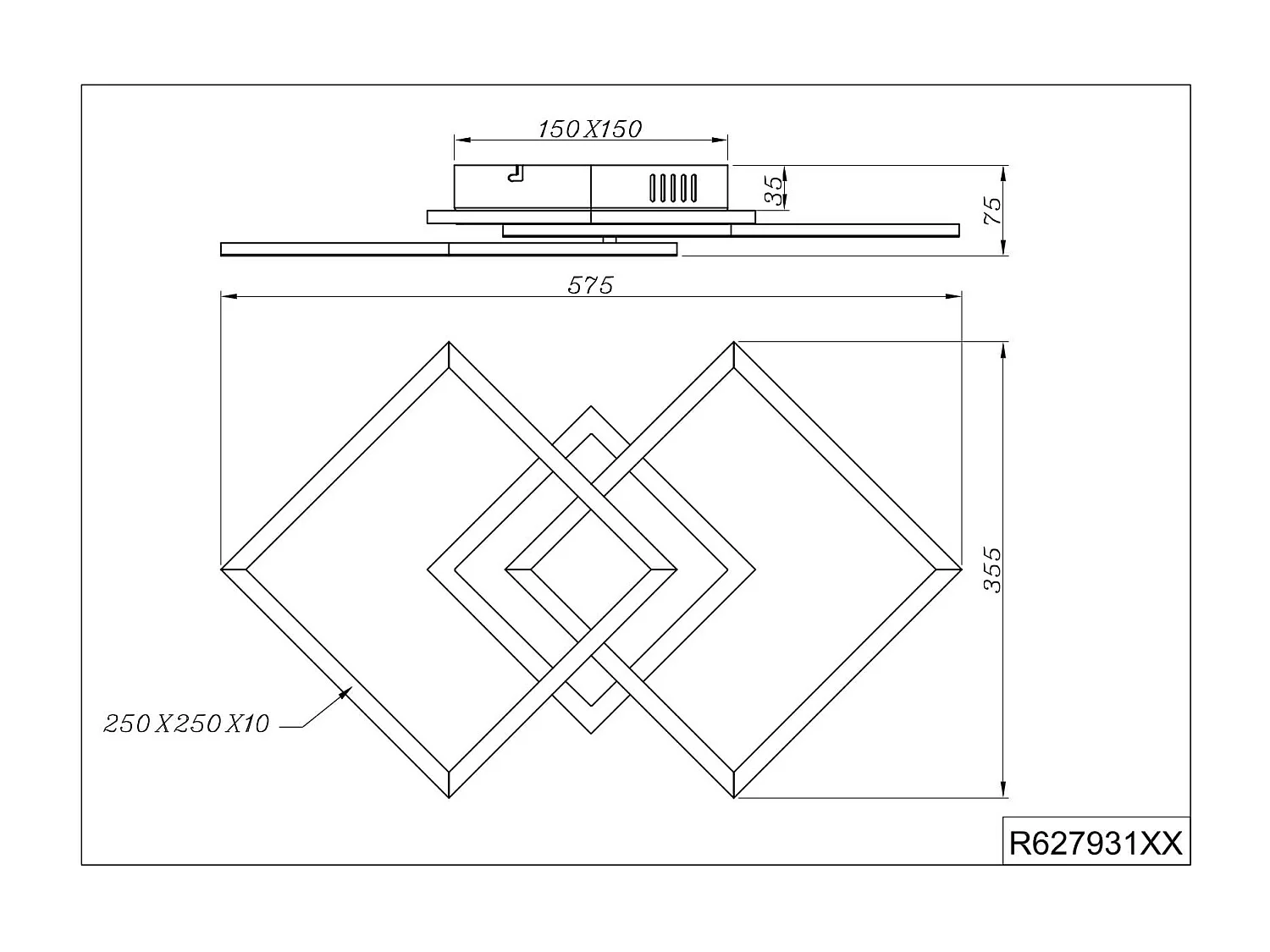 Plafoniera LED doppio quadrato, metallo, nero, L 57 cm, Venida