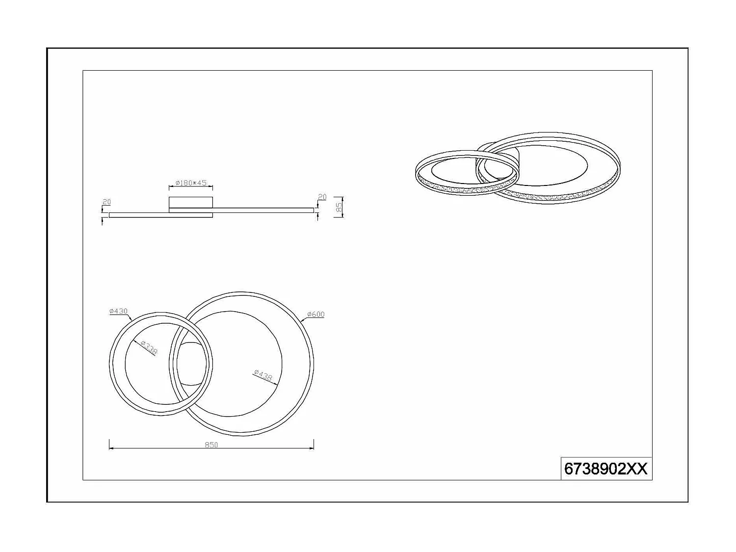 Plafoniera LED doppio cerchio, metallo, nero, L 80 cm, Granada