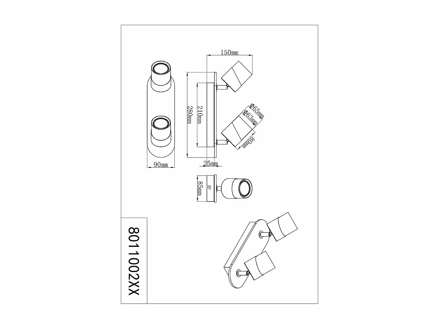 Barra 2 faretti orientabili, metallo, nero e naturale, 28x15x9 cm, Aruni