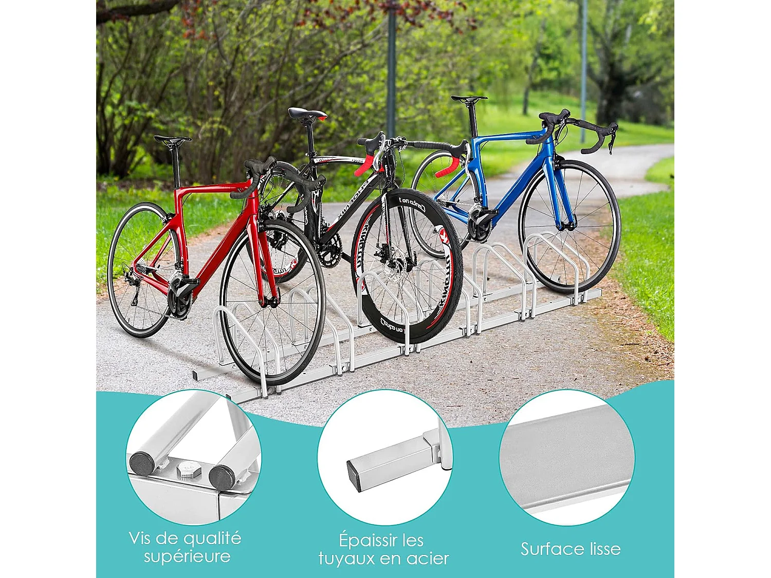 6 Fietsenrek Staal Vloer of Muur Gemonteerd 180x32.5x26CM Weerbestendig Roestvrij School Zakelijk Zilver