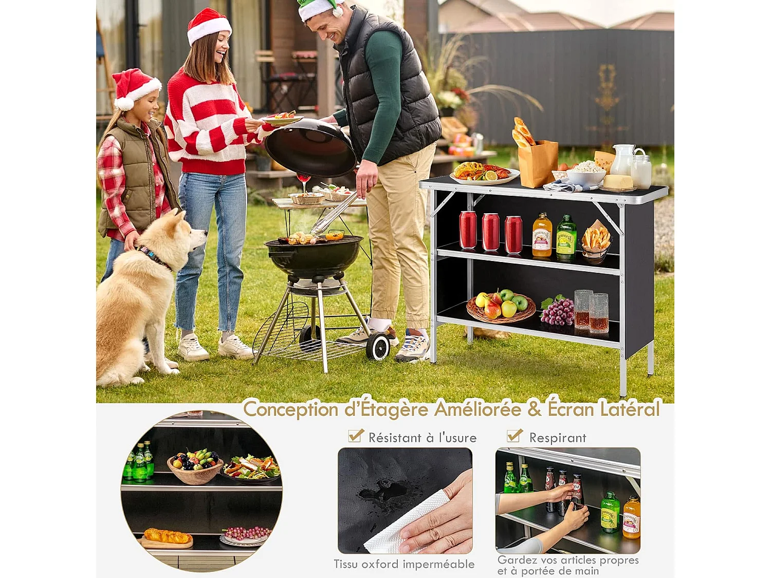 Table de camping pliante 110 x 38 x 88 cm-en Aluminium,Tissu et velours Oxford-3 Étagères-Sac de Transport pour Pique-Nique, Jardin, Noir