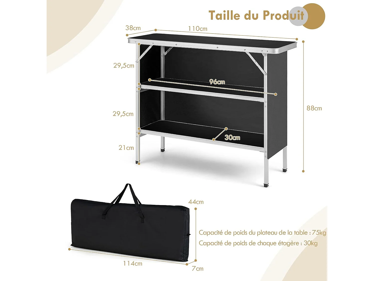 Table de camping pliante 110 x 38 x 88 cm-en Aluminium,Tissu et velours Oxford-3 Étagères-Sac de Transport pour Pique-Nique, Jardin, Noir