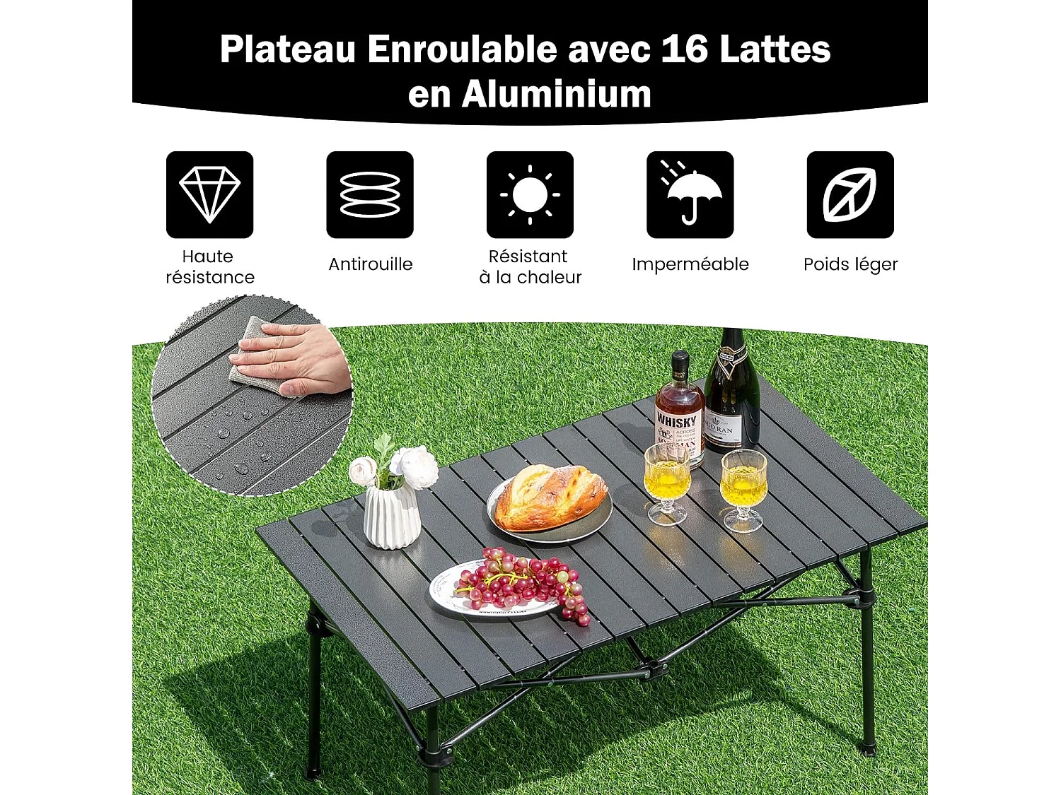 Table de CamBoisg Pliante Portable Aluminium 4-6 Personnes 95 x 55CM Charge 60KG Table Pique-Nique avec Sac de Transport Noir